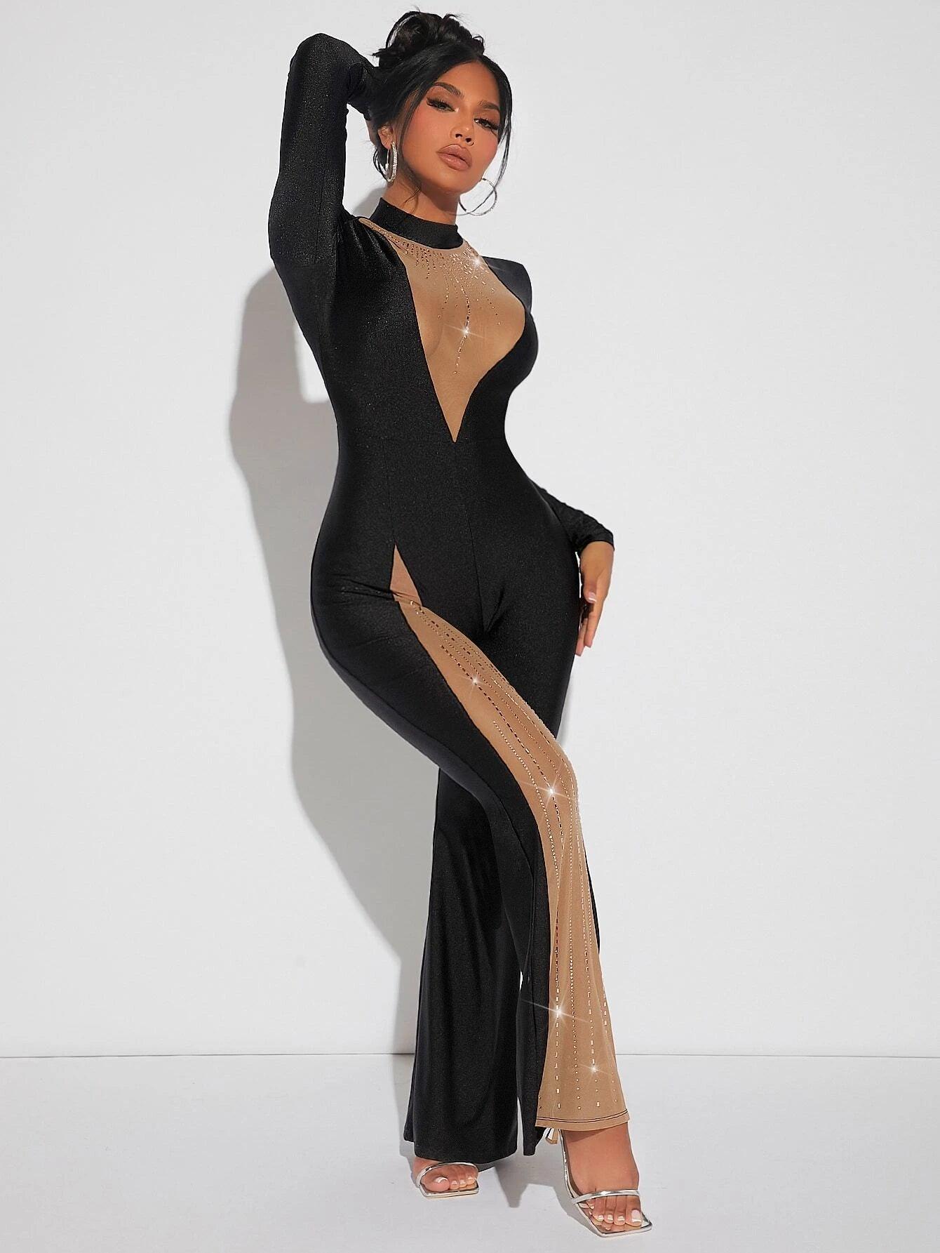 Rhinestone Detailed Mock Neck Jumpsuit-Comfy Jumpsuits