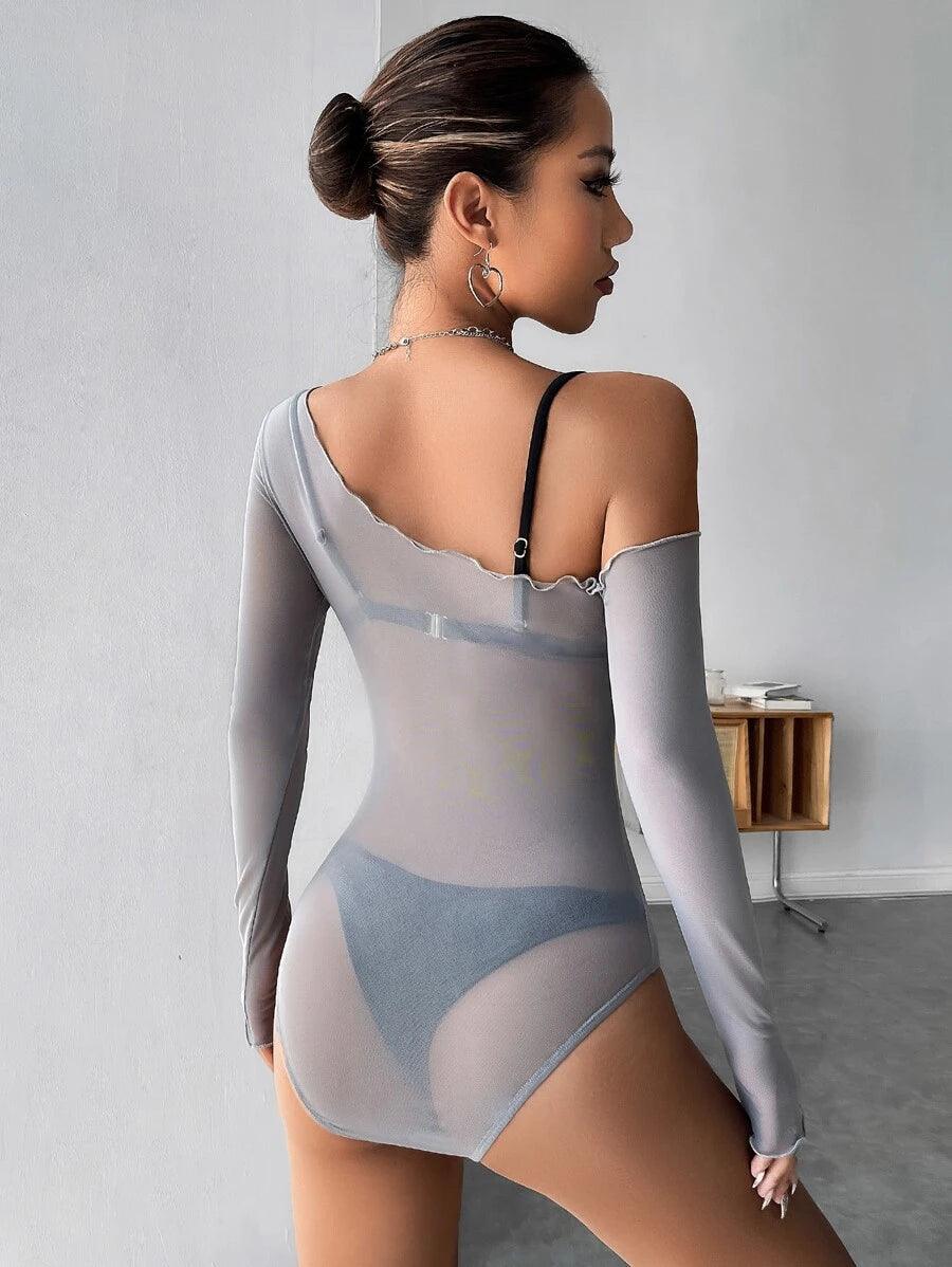 Asymmetrical Neck Trim Mesh Bodysuit-Comfy Jumpsuits