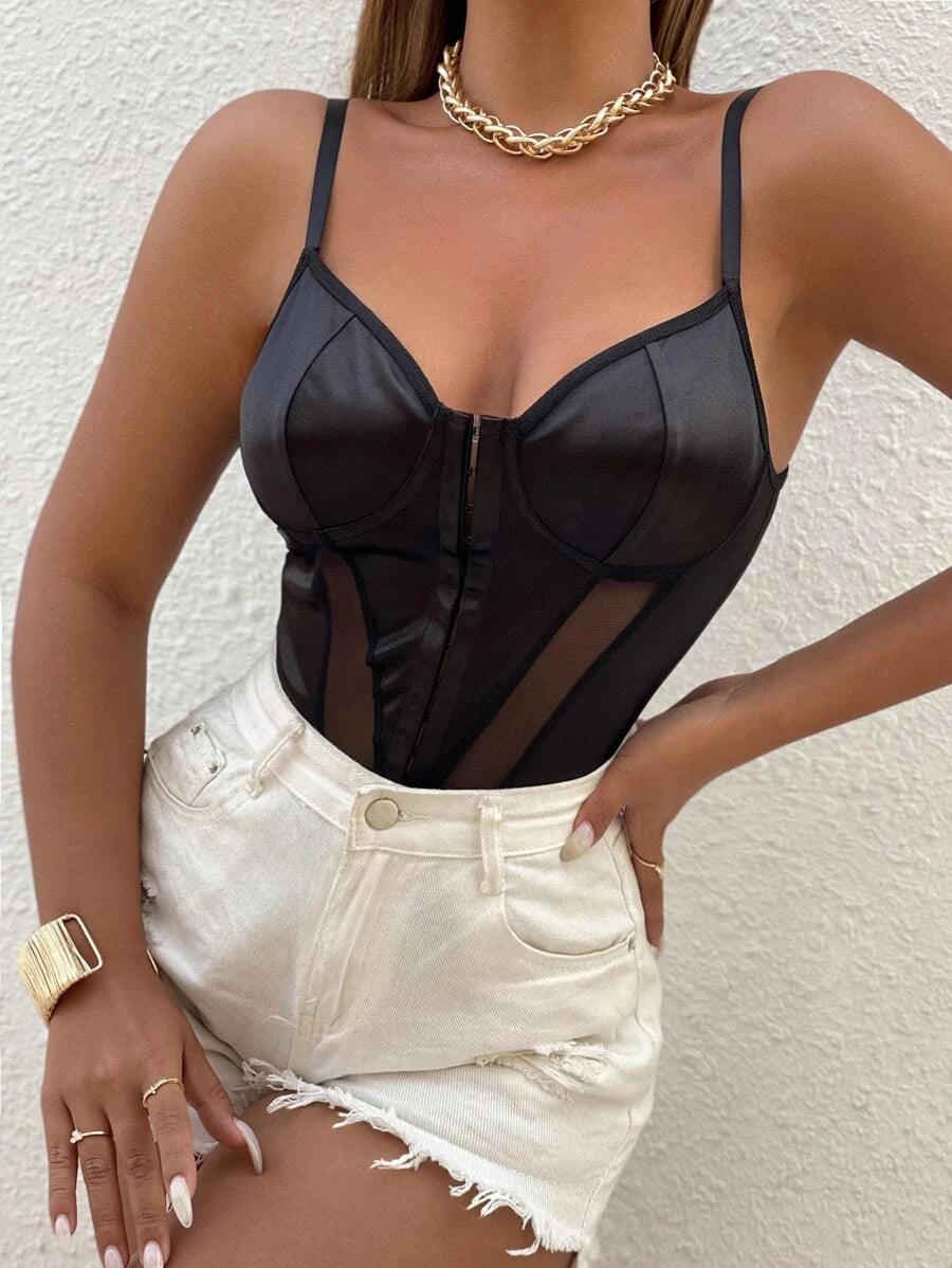 Contrast Mesh Cami Plain Bodysuit-Comfy Jumpsuits