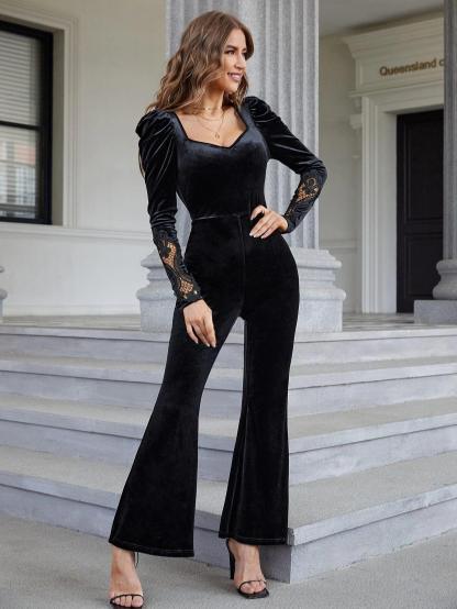 Long Sleeve Velvet Jumpsuit-Comfy Jumpsuits