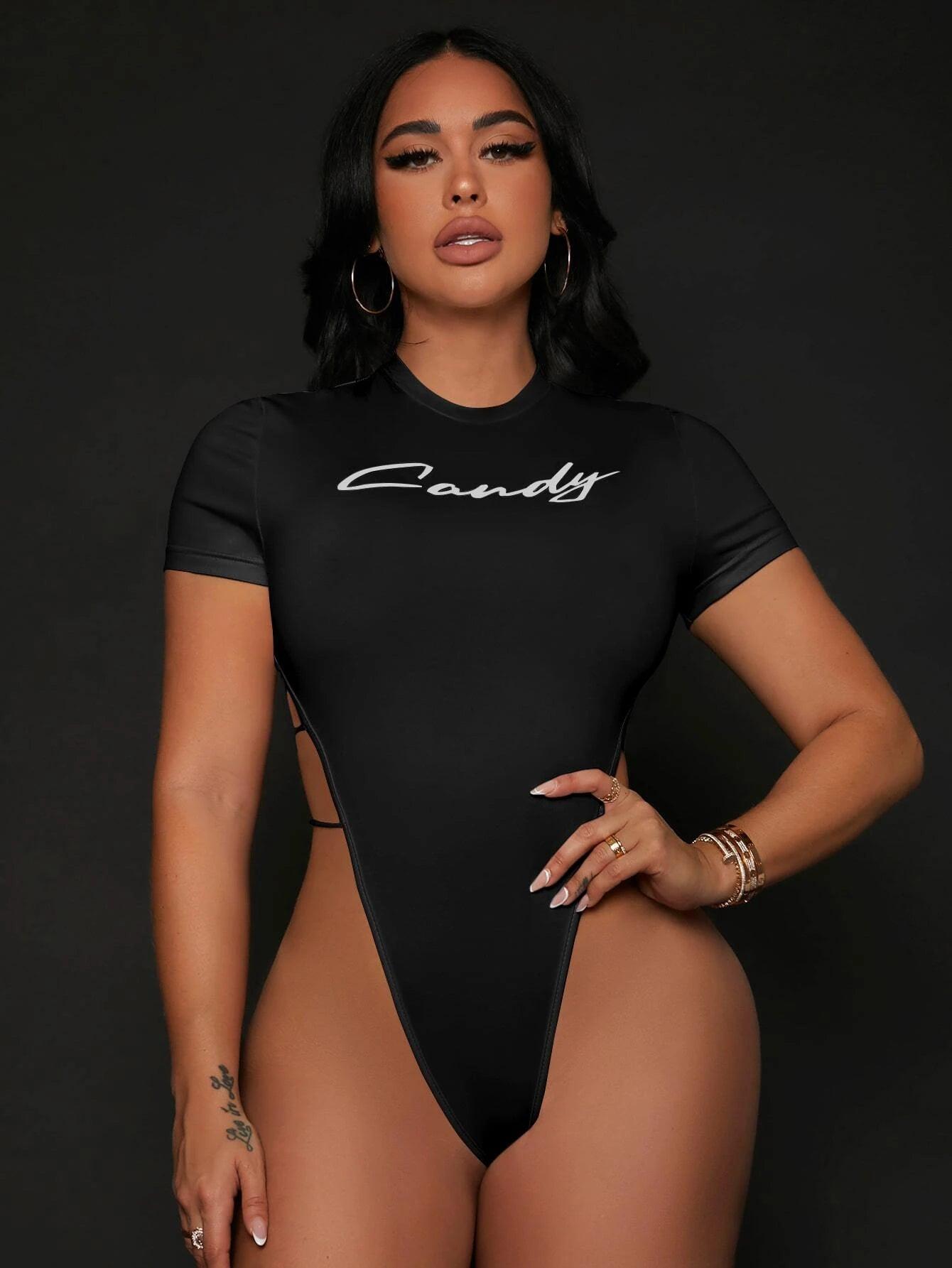 High Cut Out Side Tee Bodysuit-Comfy Jumpsuits