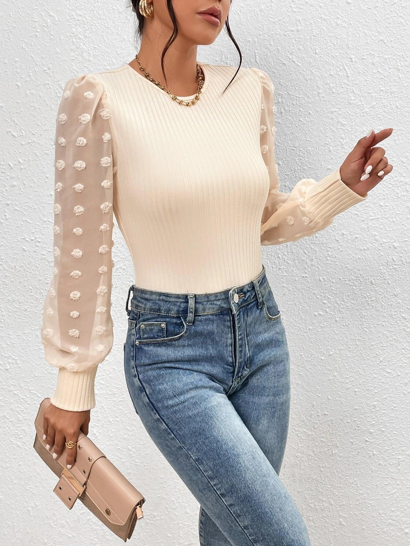 Contrast Swiss Dot Mesh Lantern Sleeve Bodysuit-Comfy Jumpsuits