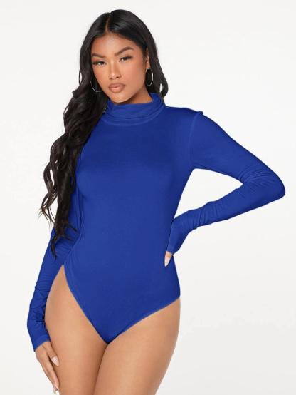 Solid Colored High Neck Bodysuit-Comfy Jumpsuits