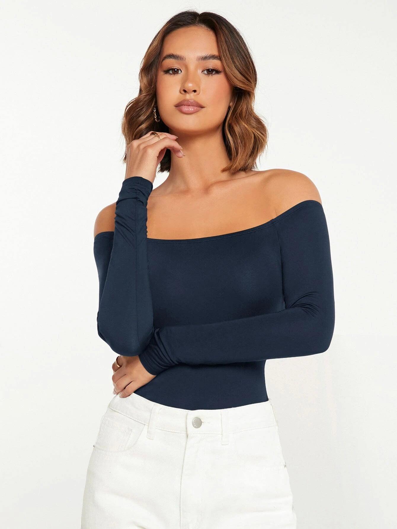 Solid Coloured Off Shoulder Bodysuit-Comfy Jumpsuits