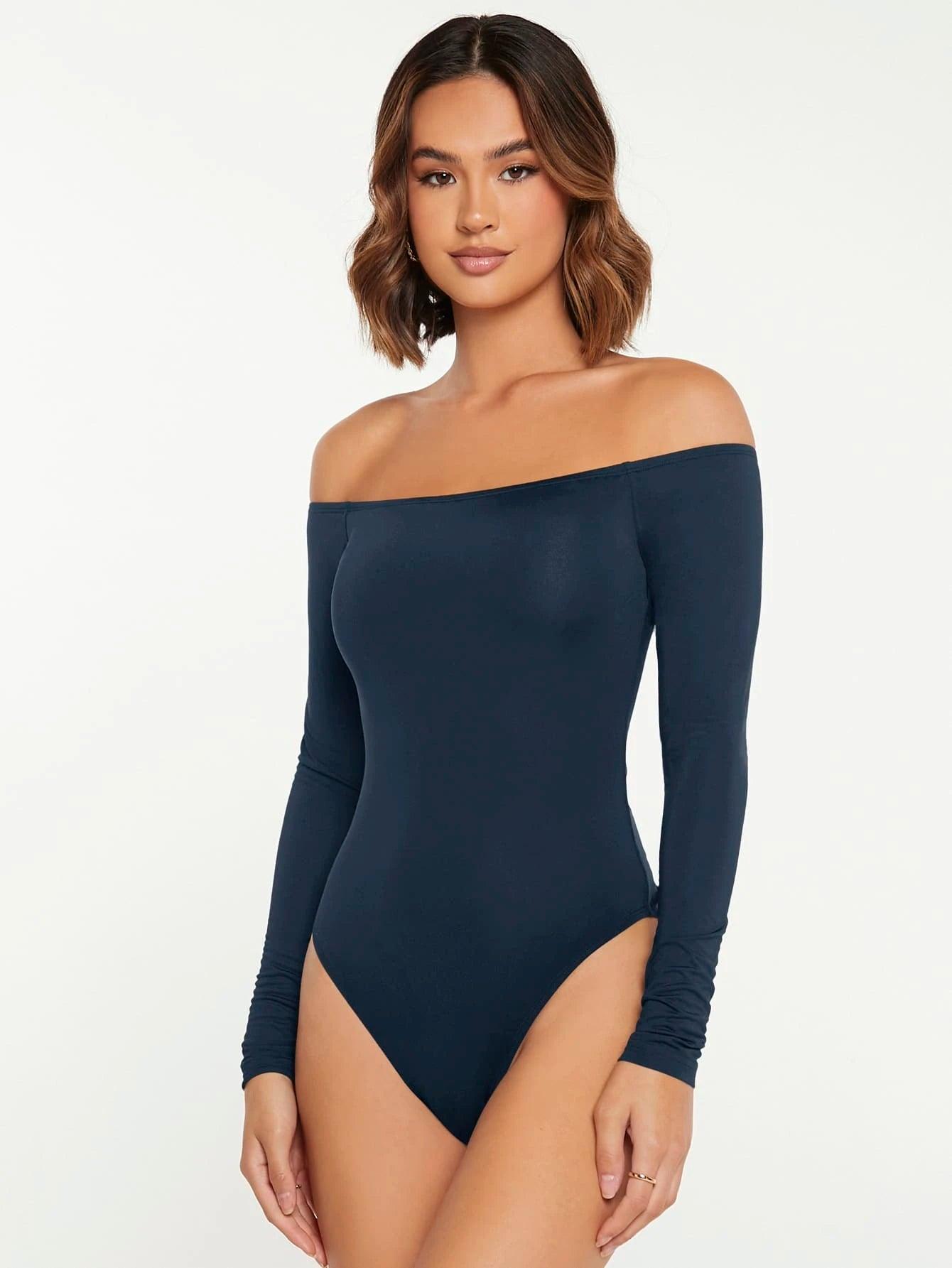 Solid Coloured Off Shoulder Bodysuit-Comfy Jumpsuits