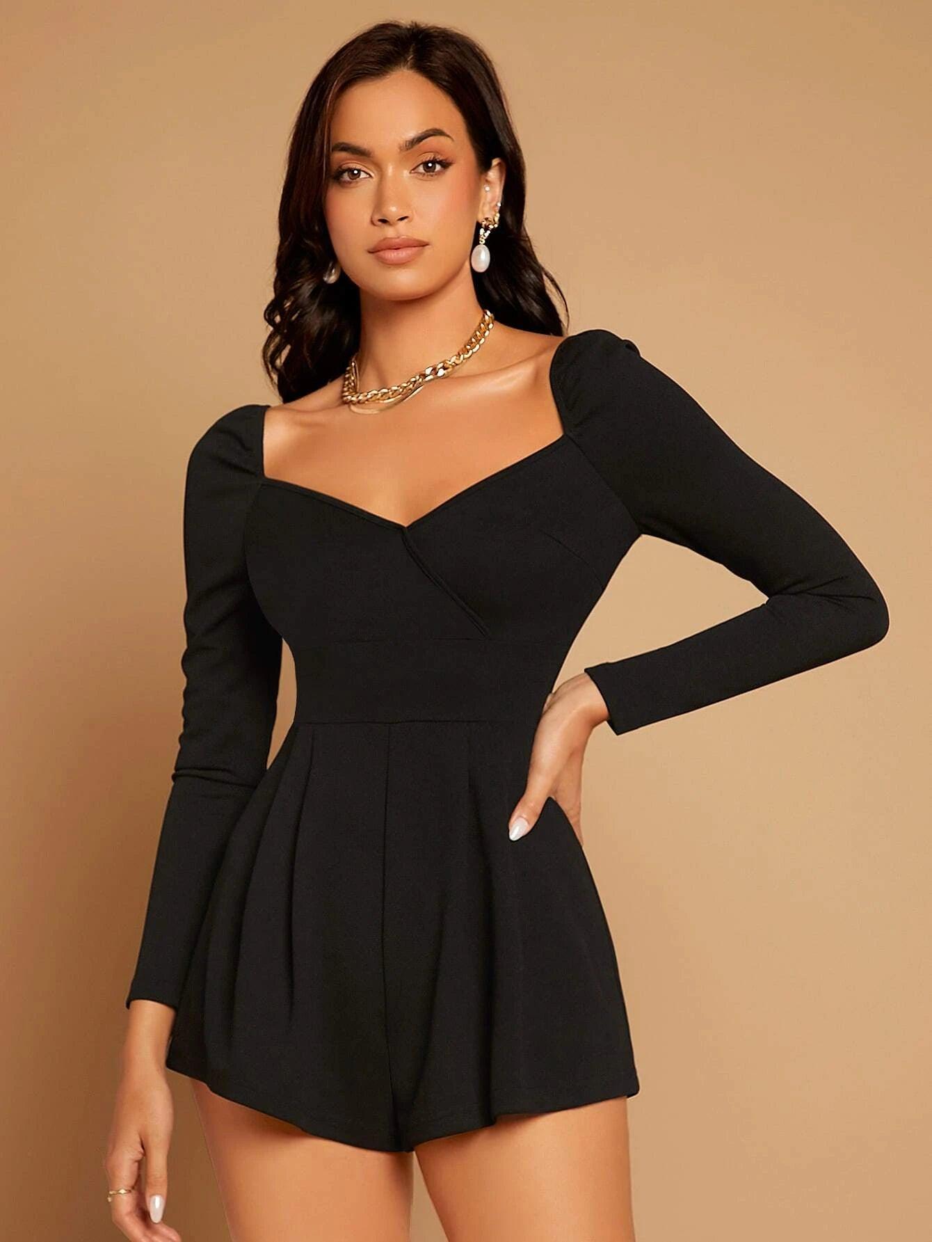 Puff Sleeve Fold Pleat Romper-Comfy Jumpsuits