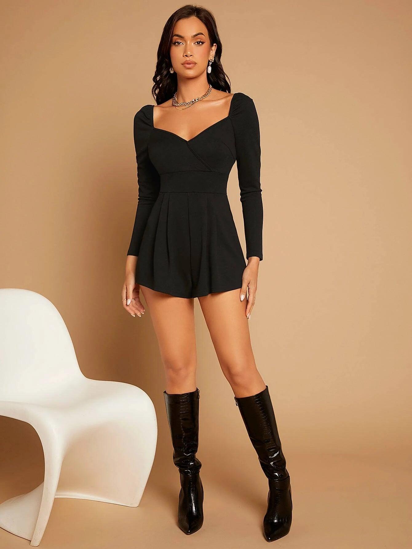 Puff Sleeve Fold Pleat Romper-Comfy Jumpsuits