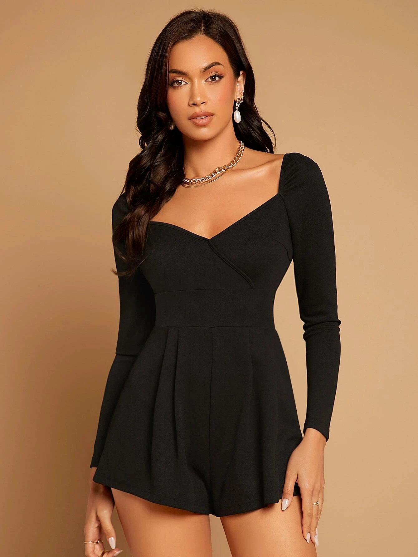 Puff Sleeve Fold Pleat Romper-Comfy Jumpsuits