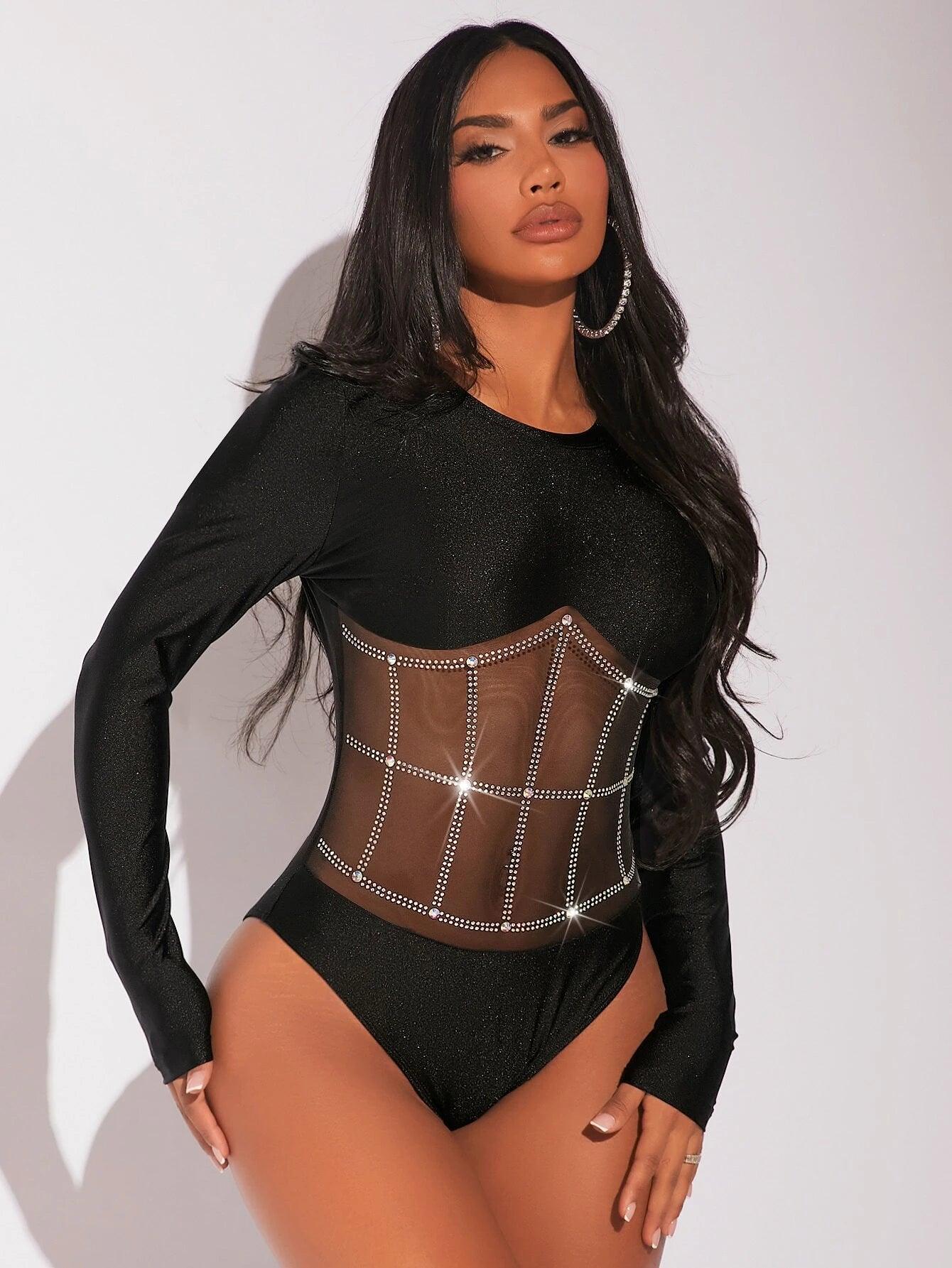 Mesh Panel Glitter Bodysuit-Comfy Jumpsuits
