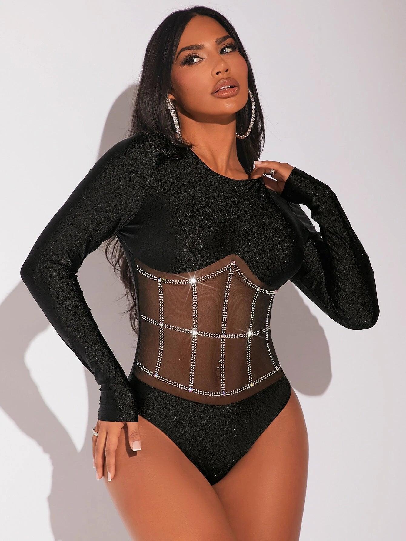 Mesh Panel Glitter Bodysuit-Comfy Jumpsuits