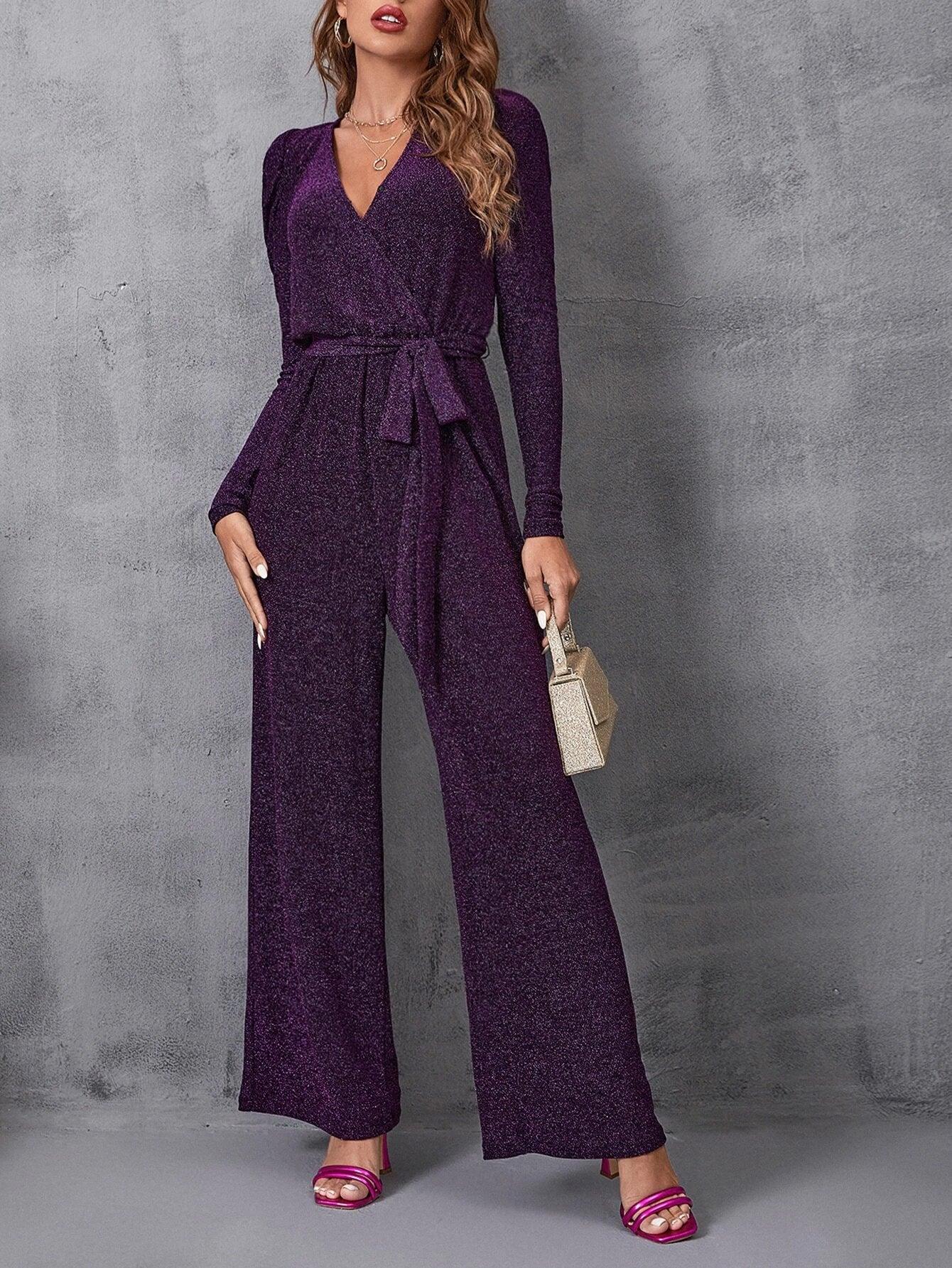 Surplice Neck Gigot Sleeve Belted Glitter Jumpsuit-Comfy Jumpsuits