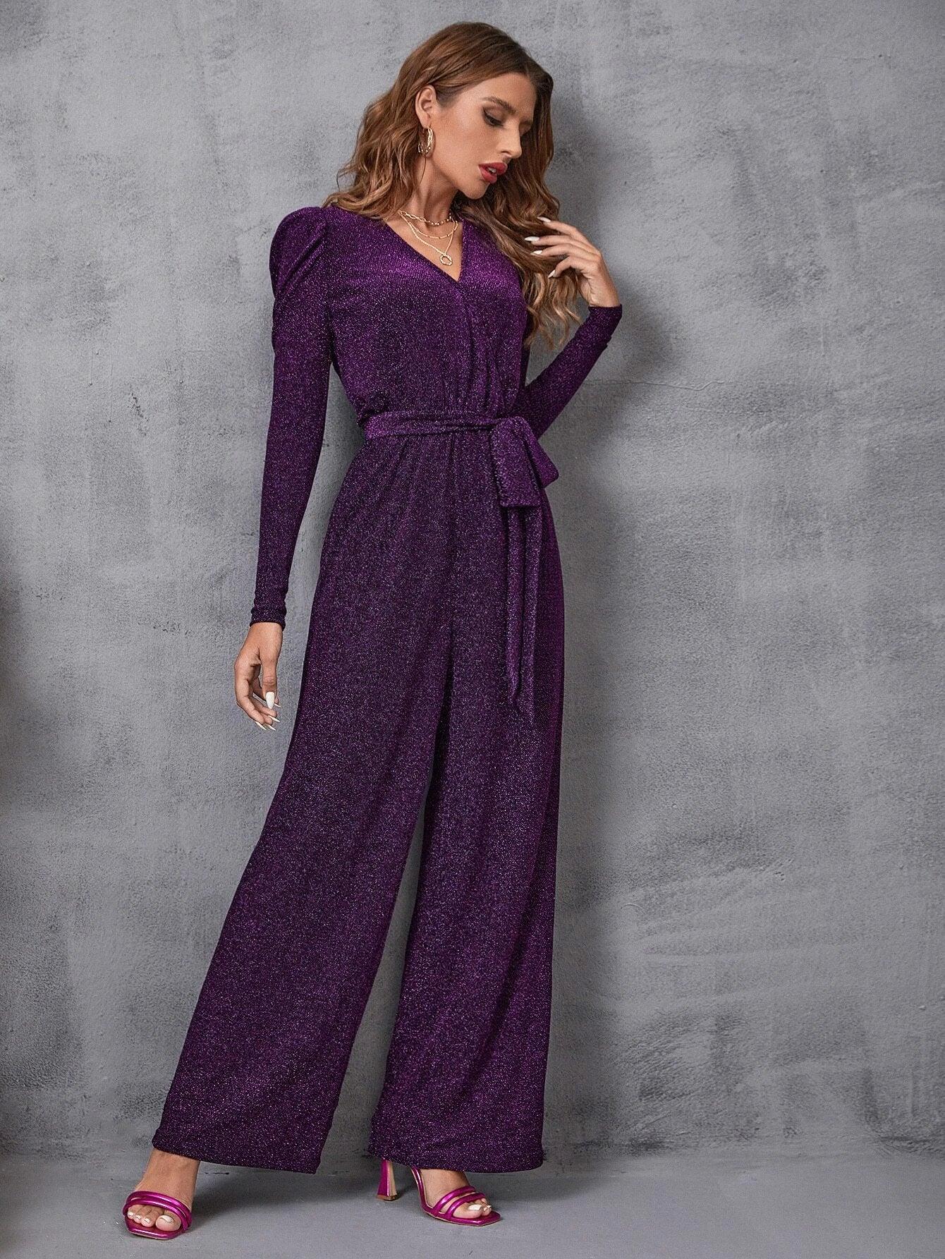 Surplice Neck Gigot Sleeve Belted Glitter Jumpsuit-Comfy Jumpsuits