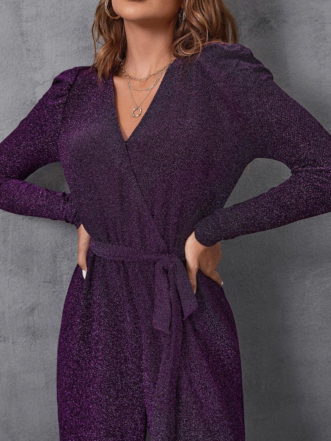 Surplice Neck Gigot Sleeve Belted Glitter Jumpsuit-Comfy Jumpsuits