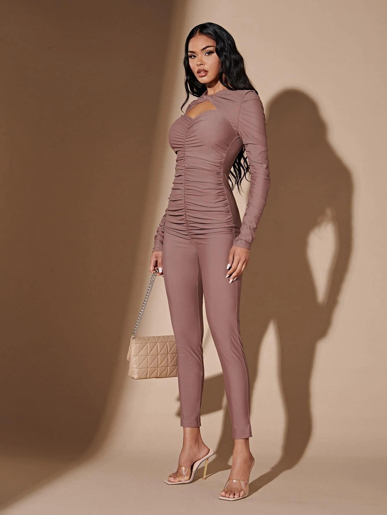 Round Neck Ruched Jumpsuit-Comfy Jumpsuits