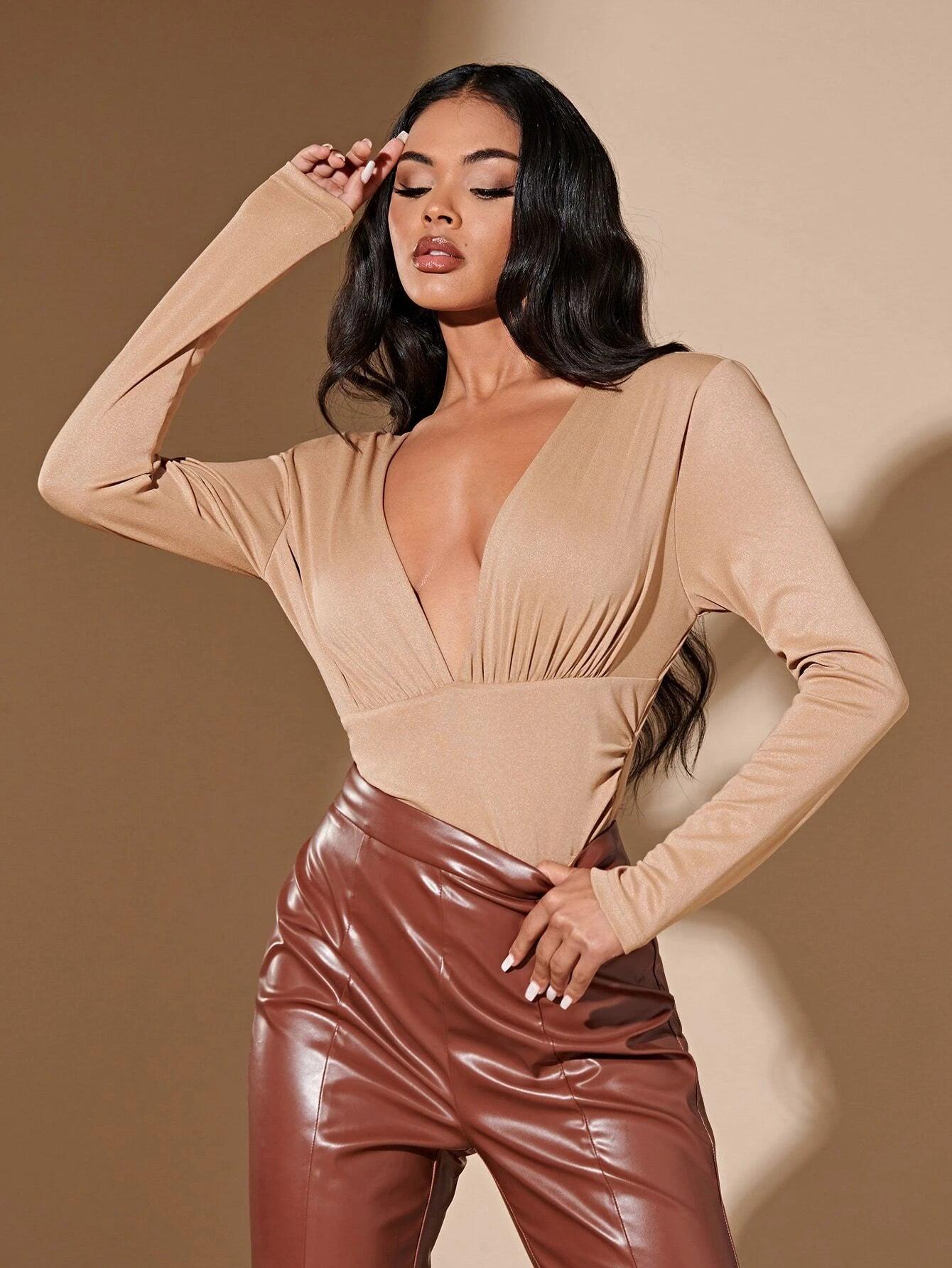 Long Sleeve Ruched Bodysuit-Comfy Jumpsuits
