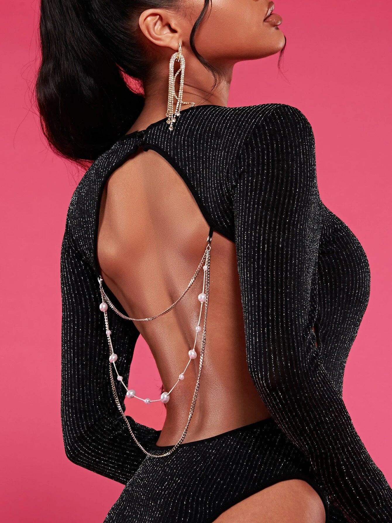 Pearls Chain Backless Glitter Bodysuit-Comfy Jumpsuits