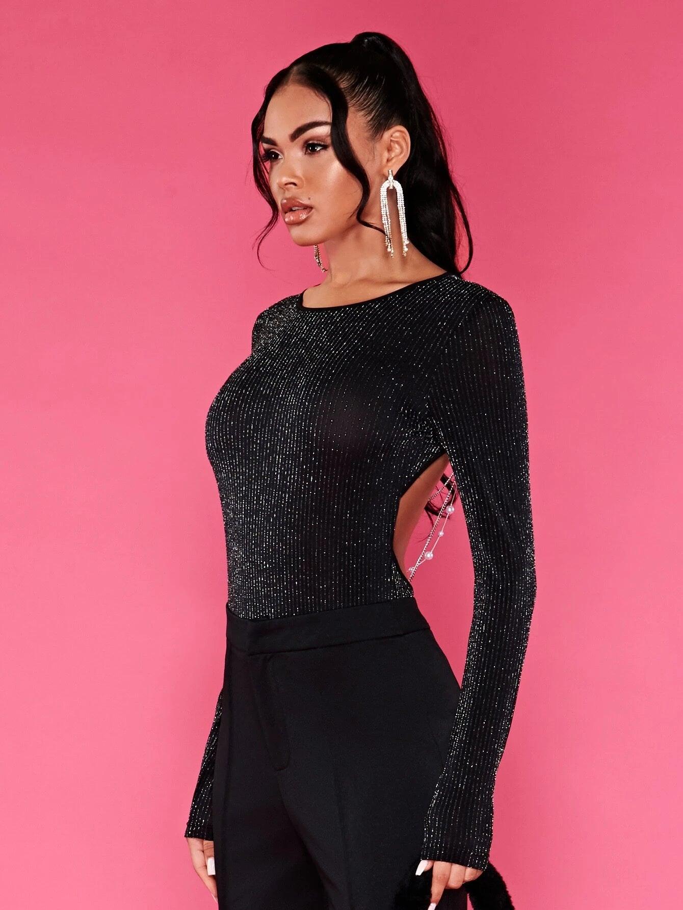 Pearls Chain Backless Glitter Bodysuit-Comfy Jumpsuits