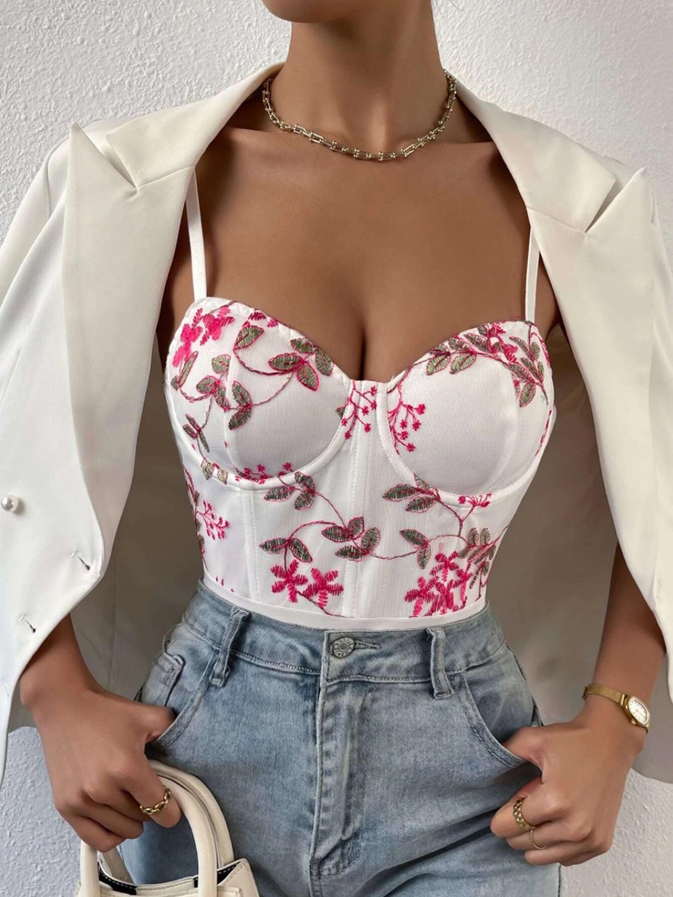 Floral Embroidery Cami Bodysuit-Comfy Jumpsuits
