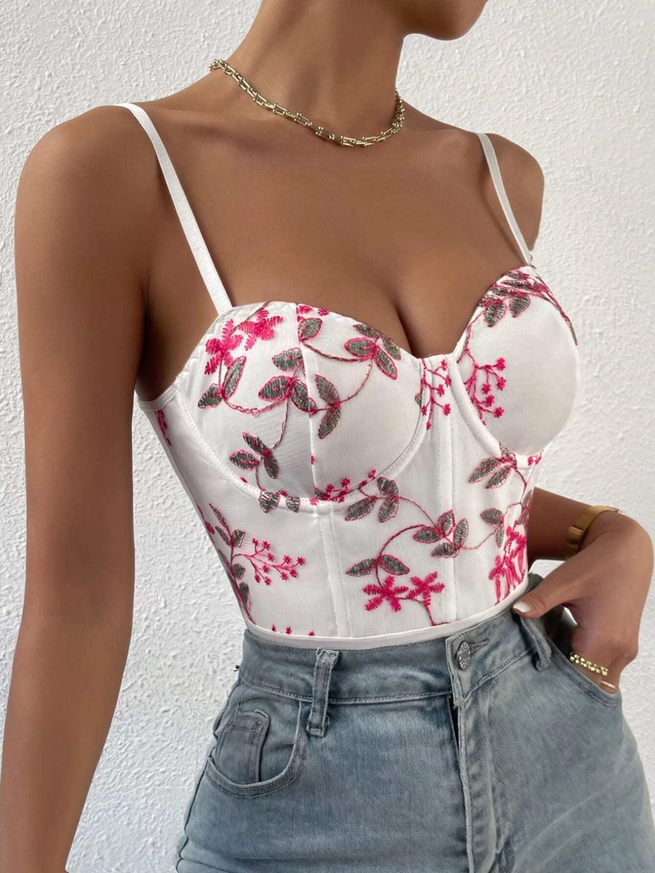 Floral Embroidery Cami Bodysuit-Comfy Jumpsuits