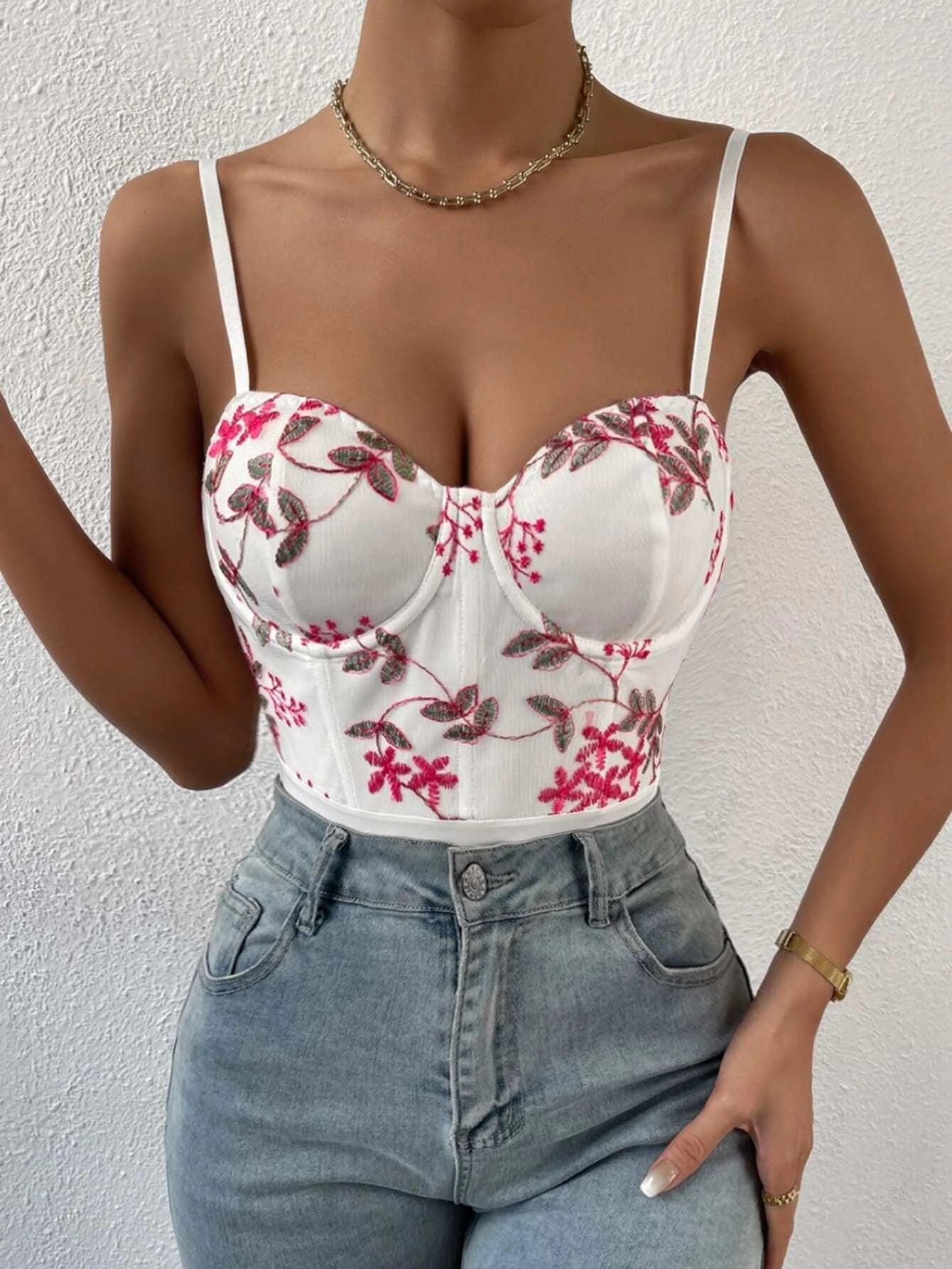 Floral Embroidery Cami Bodysuit-Comfy Jumpsuits