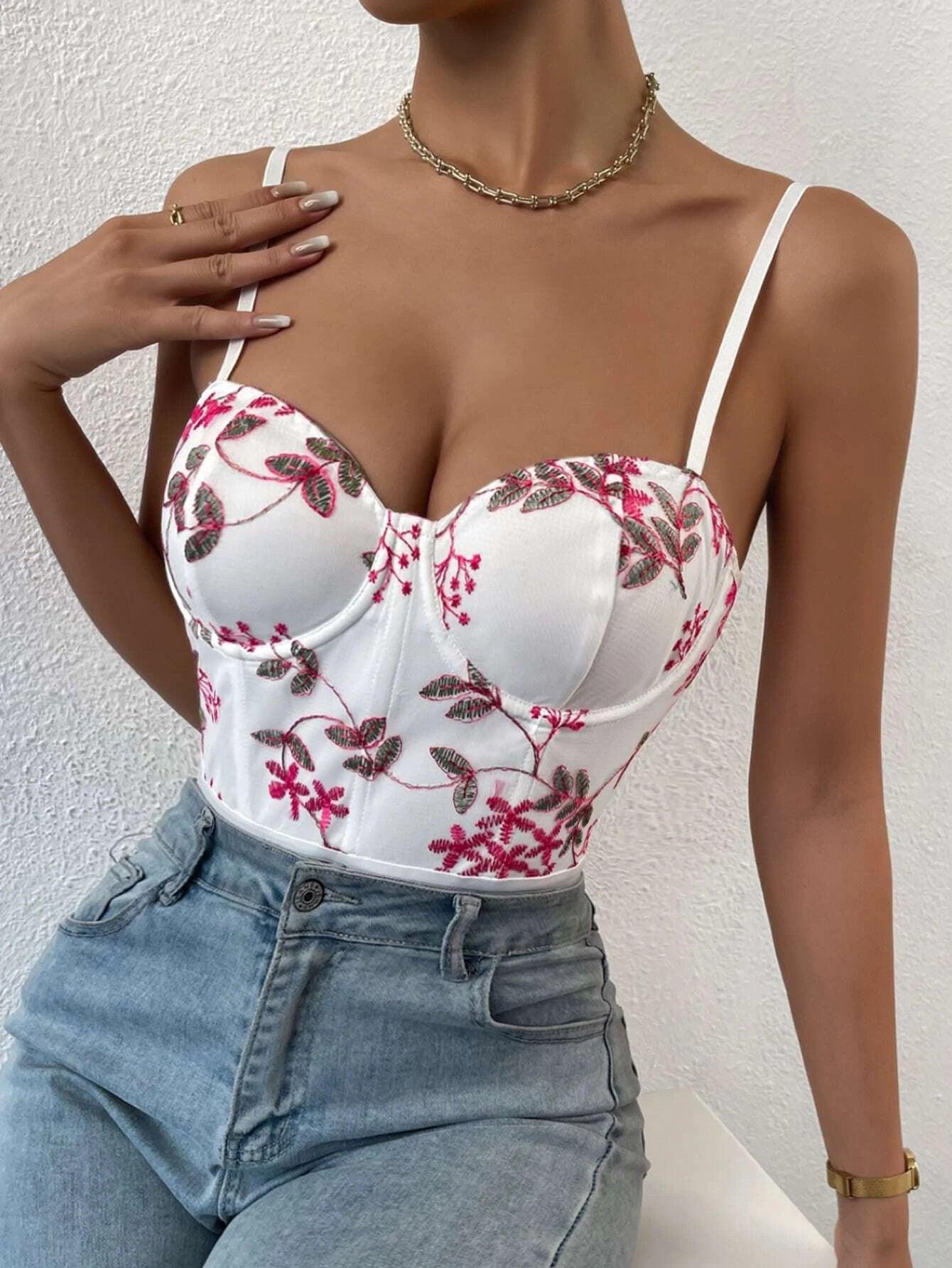 Floral Embroidery Cami Bodysuit-Comfy Jumpsuits