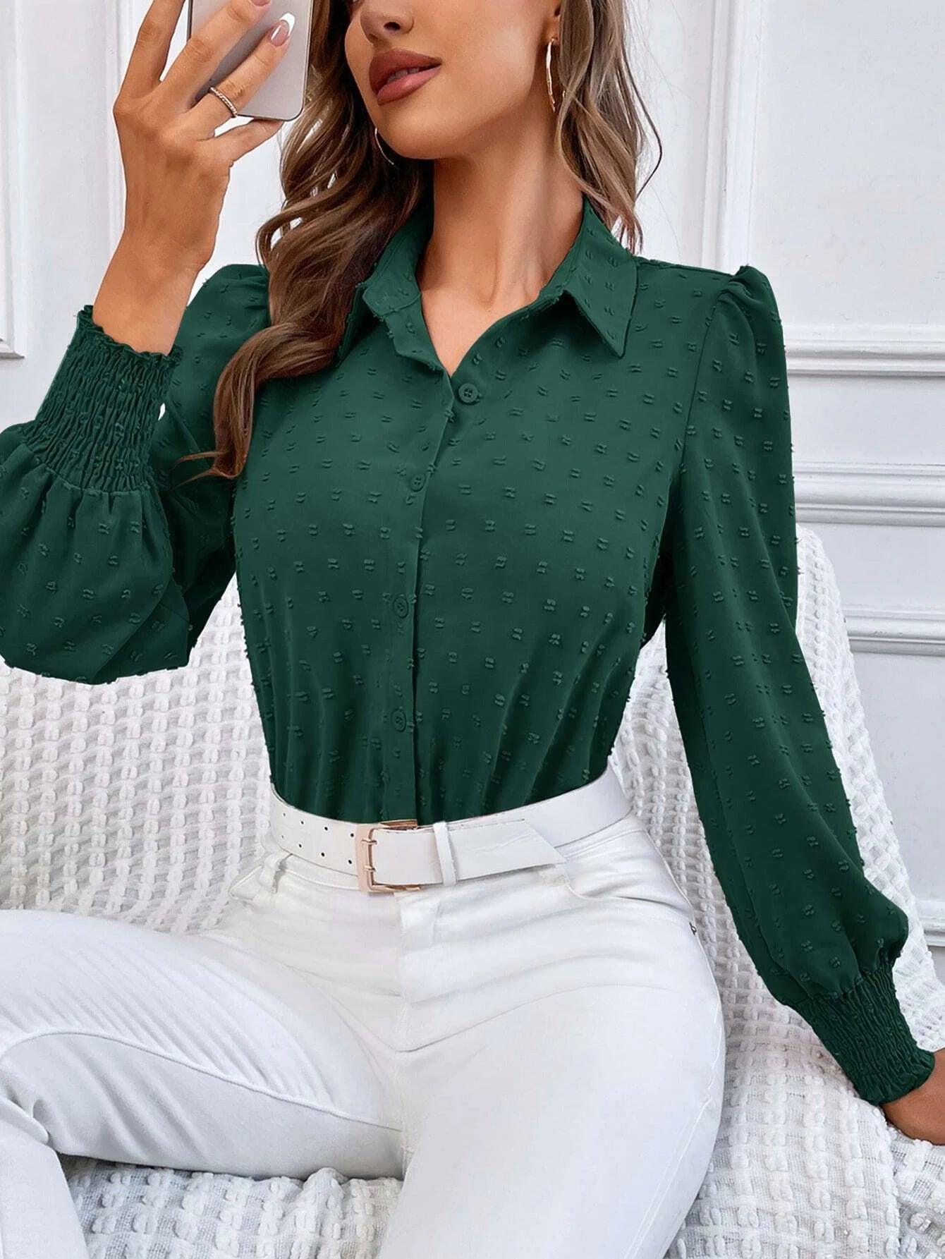 Swiss Dot Shirred Bishop Sleeve Shirt Bodysuit-Comfy Jumpsuits