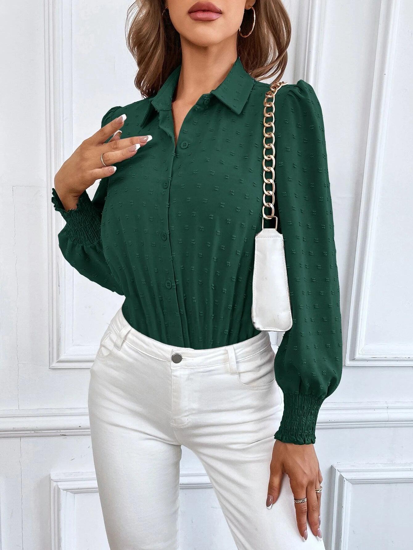 Swiss Dot Shirred Bishop Sleeve Shirt Bodysuit-Comfy Jumpsuits