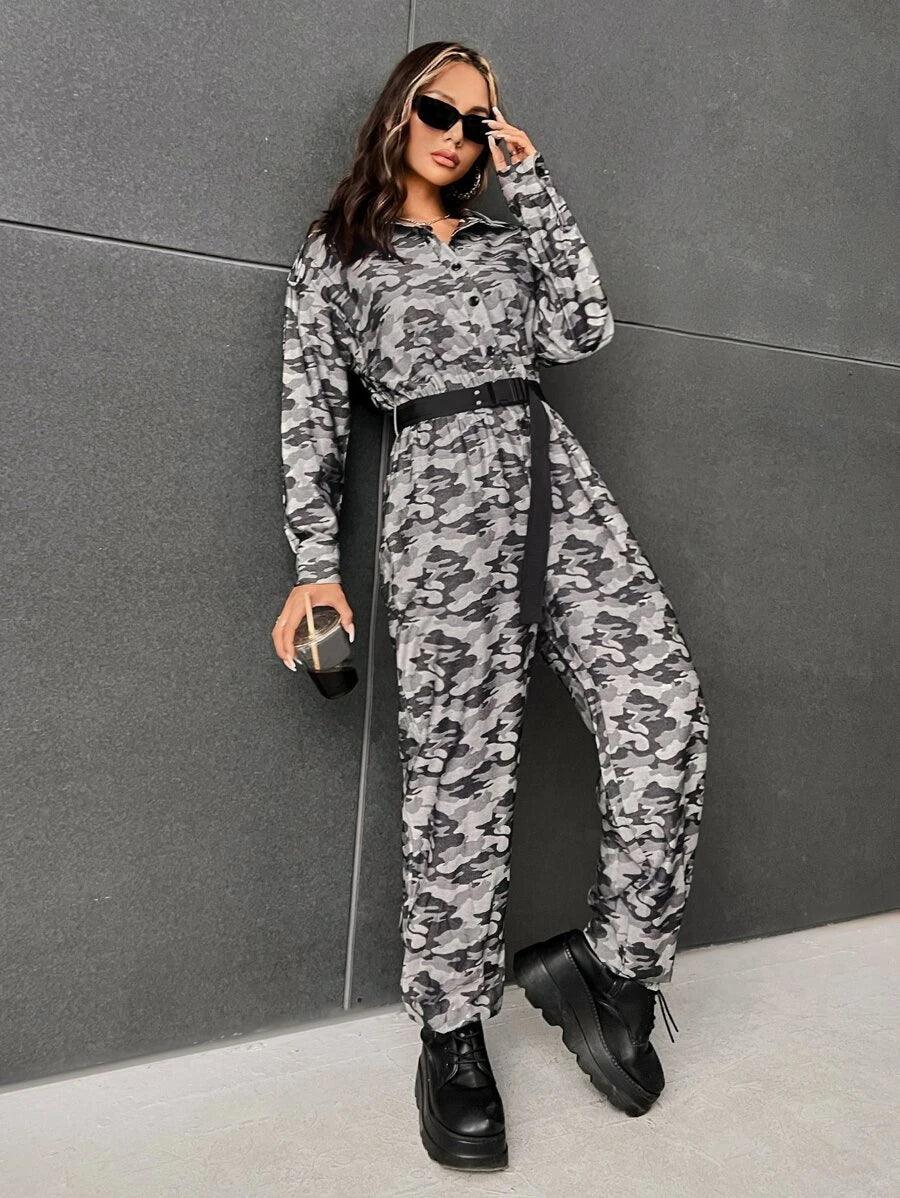Camo Print Belted Shirt Jumpsuit-Comfy Jumpsuits