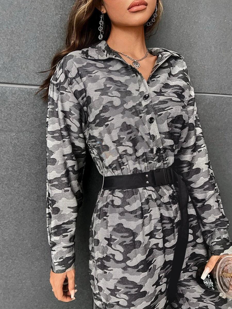 Camo Print Belted Shirt Jumpsuit-Comfy Jumpsuits