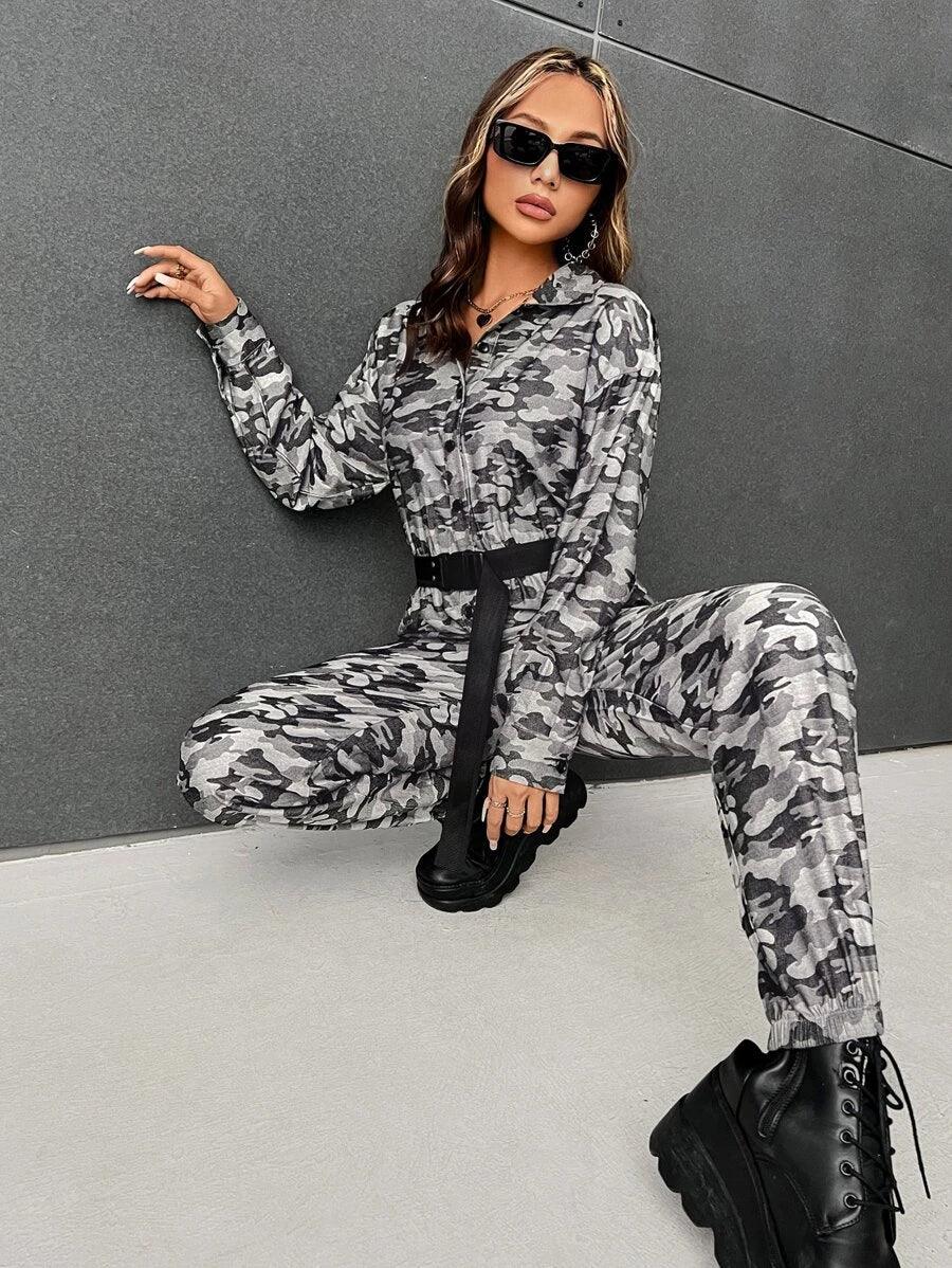 Camo Print Belted Shirt Jumpsuit-Comfy Jumpsuits