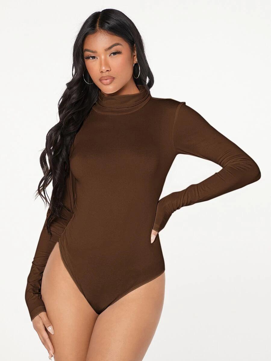 Solid Colored High Neck Bodysuit-Comfy Jumpsuits