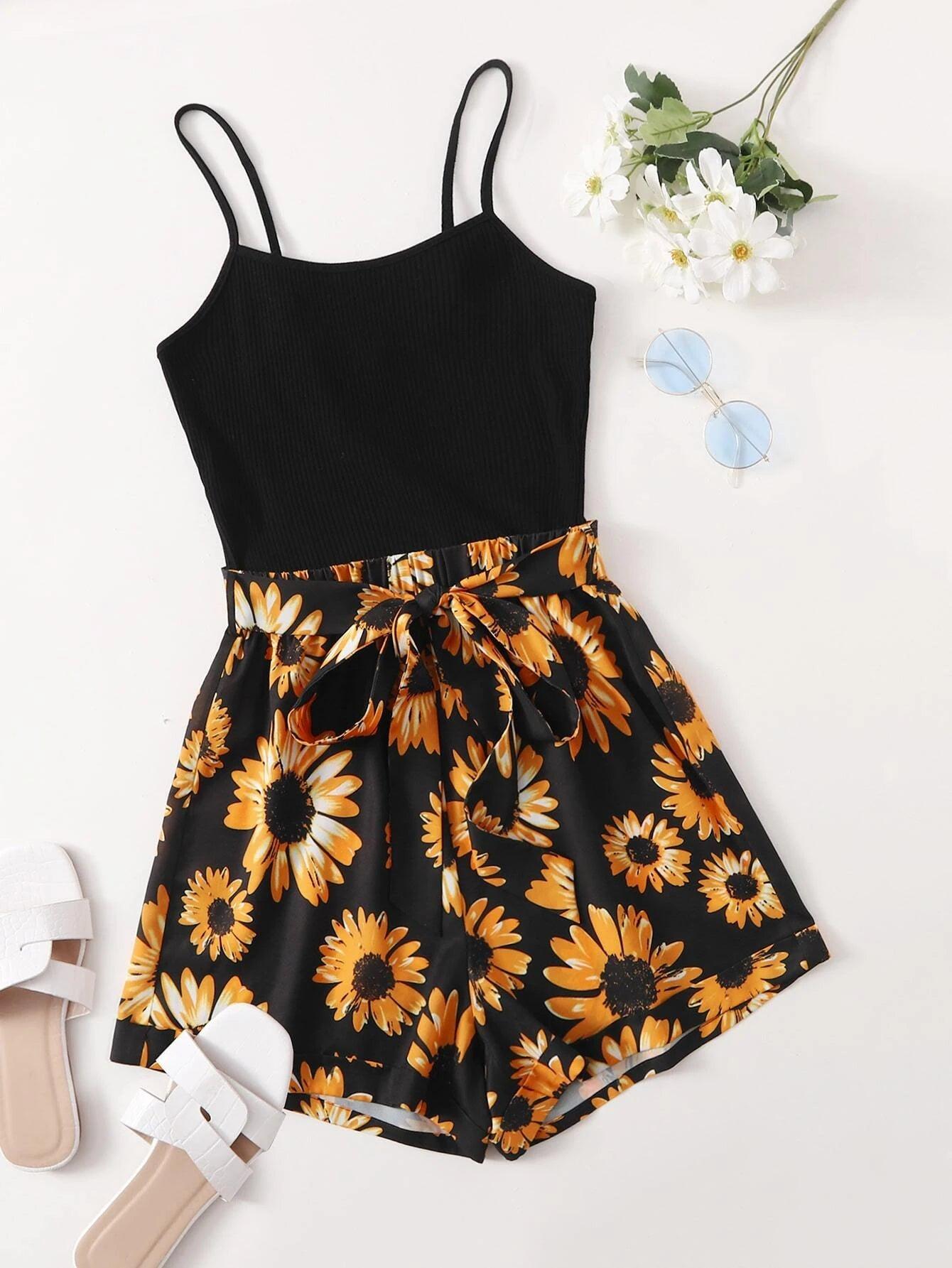 Self Belted Sunflower Print Cami Romper-Comfy Jumpsuits