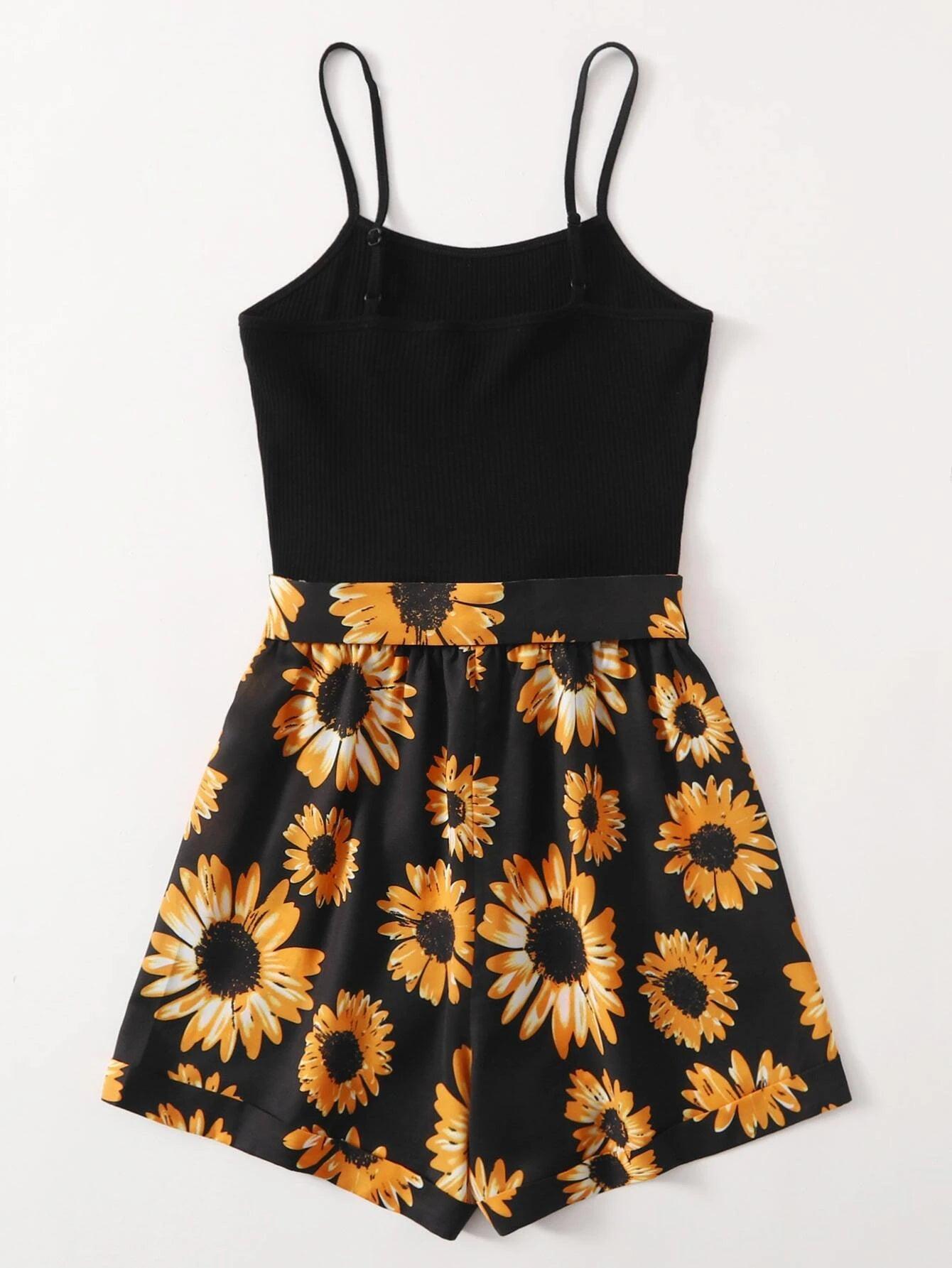 Self Belted Sunflower Print Cami Romper-Comfy Jumpsuits