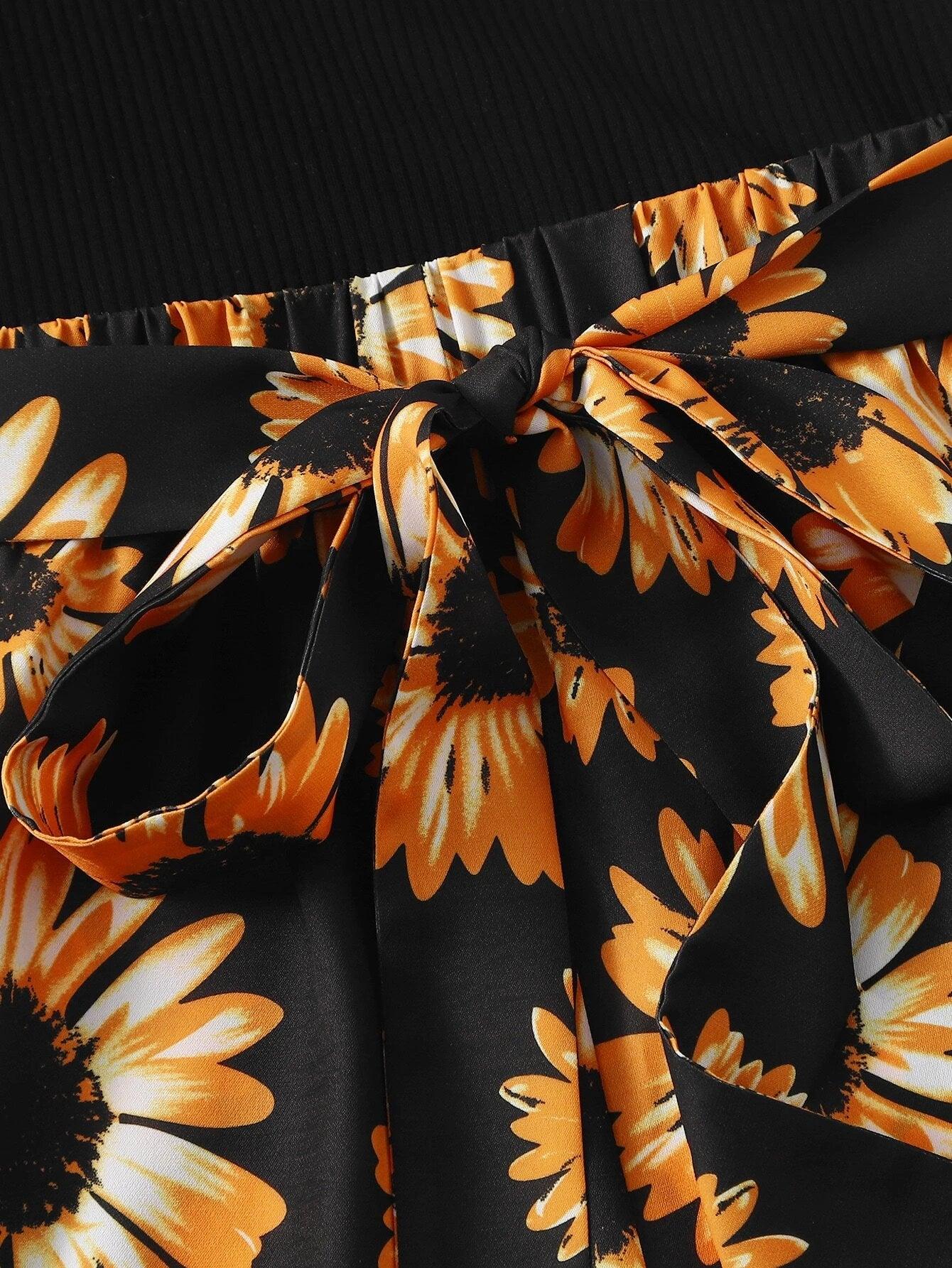 Self Belted Sunflower Print Cami Romper-Comfy Jumpsuits