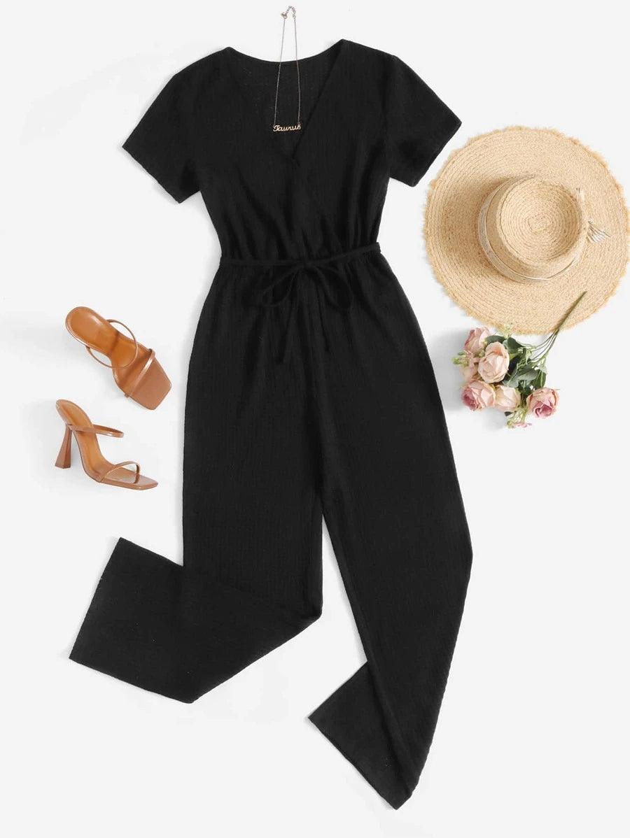 Surplice Neck Wide Leg Jumpsuit-Comfy Jumpsuits