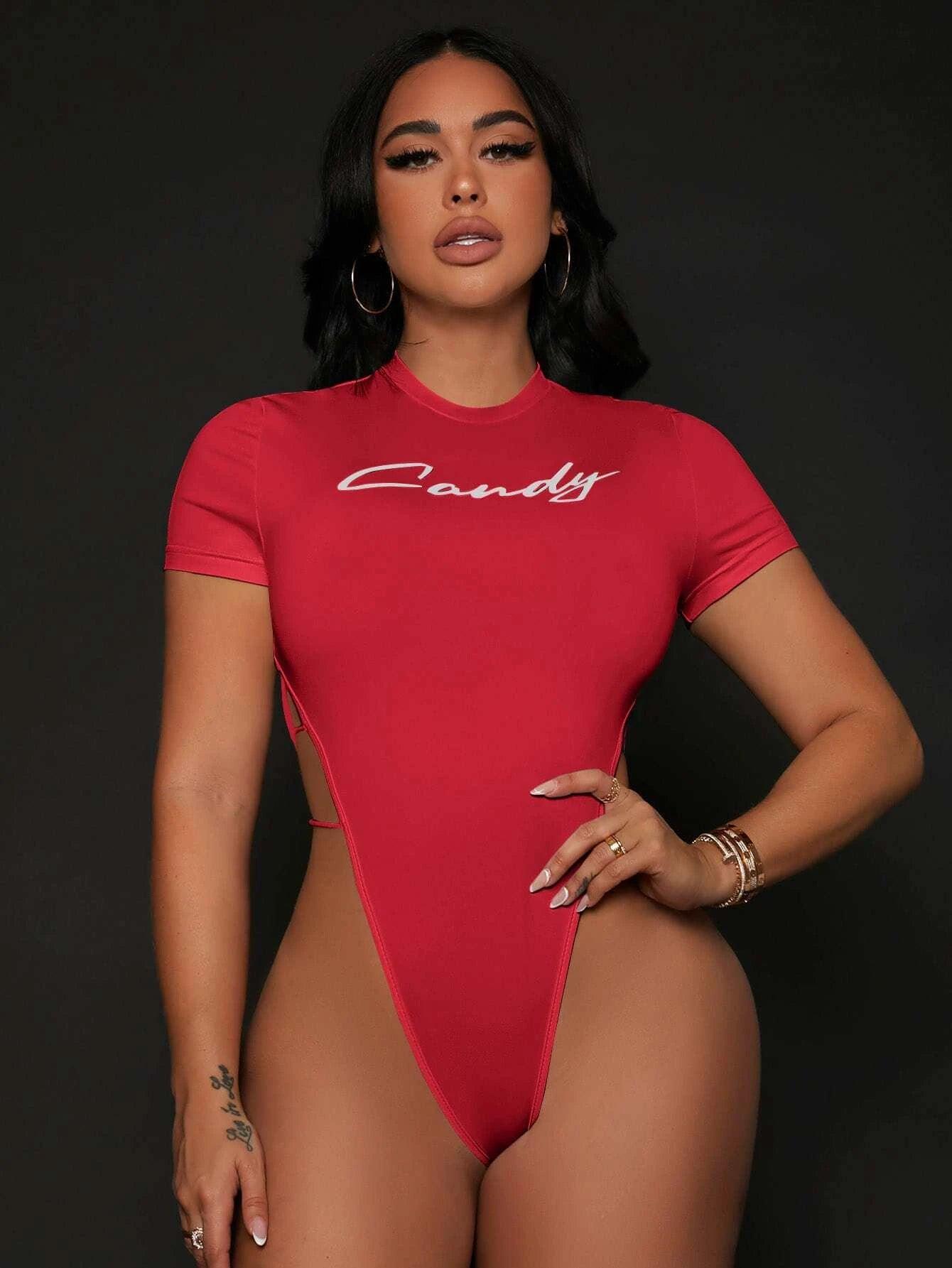 High Cut Out Side Tee Bodysuit-Comfy Jumpsuits