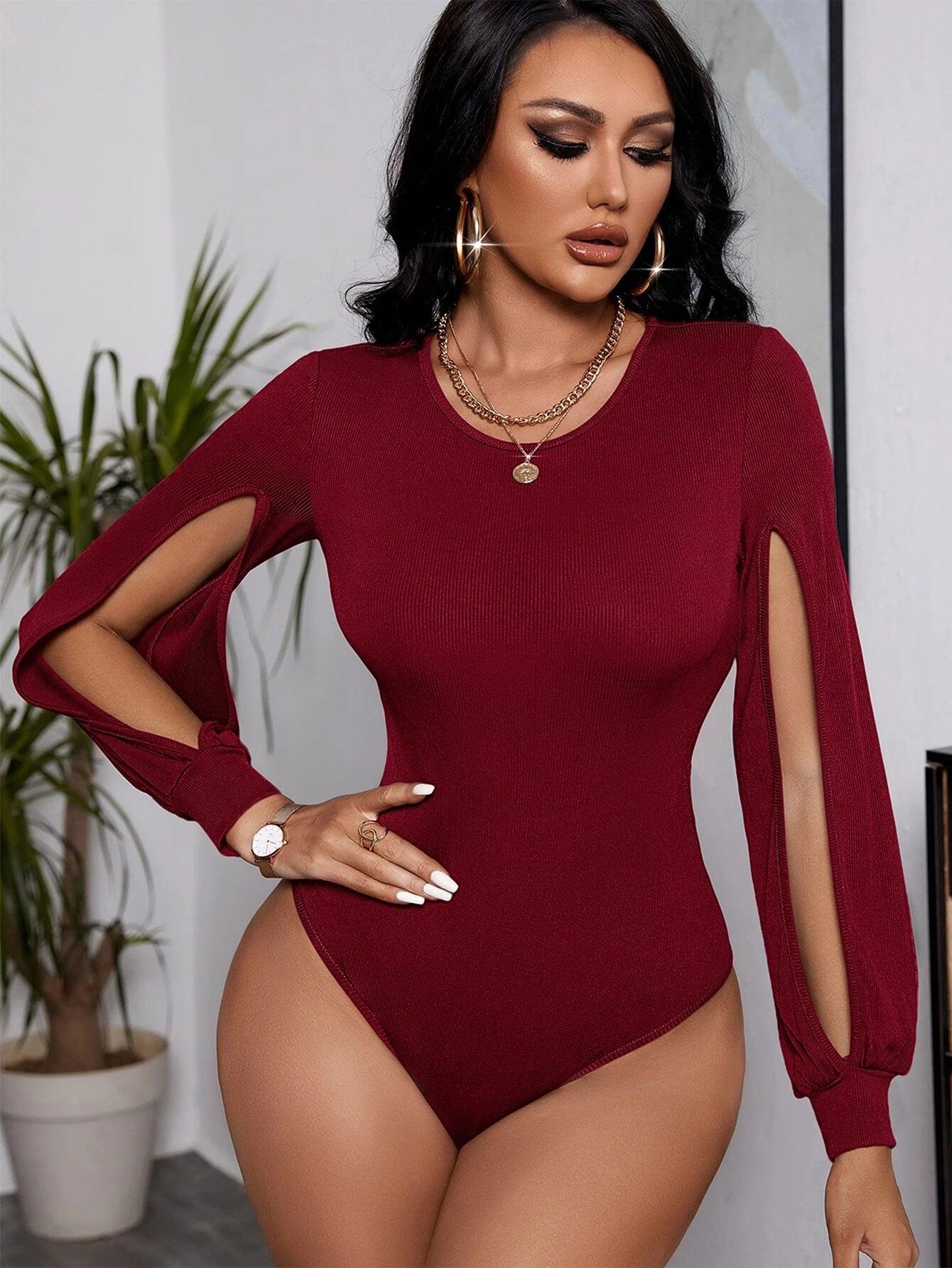 Split Lantern Sleeve Ribbed Knit Slim Fit Bodysuit-Comfy Jumpsuits