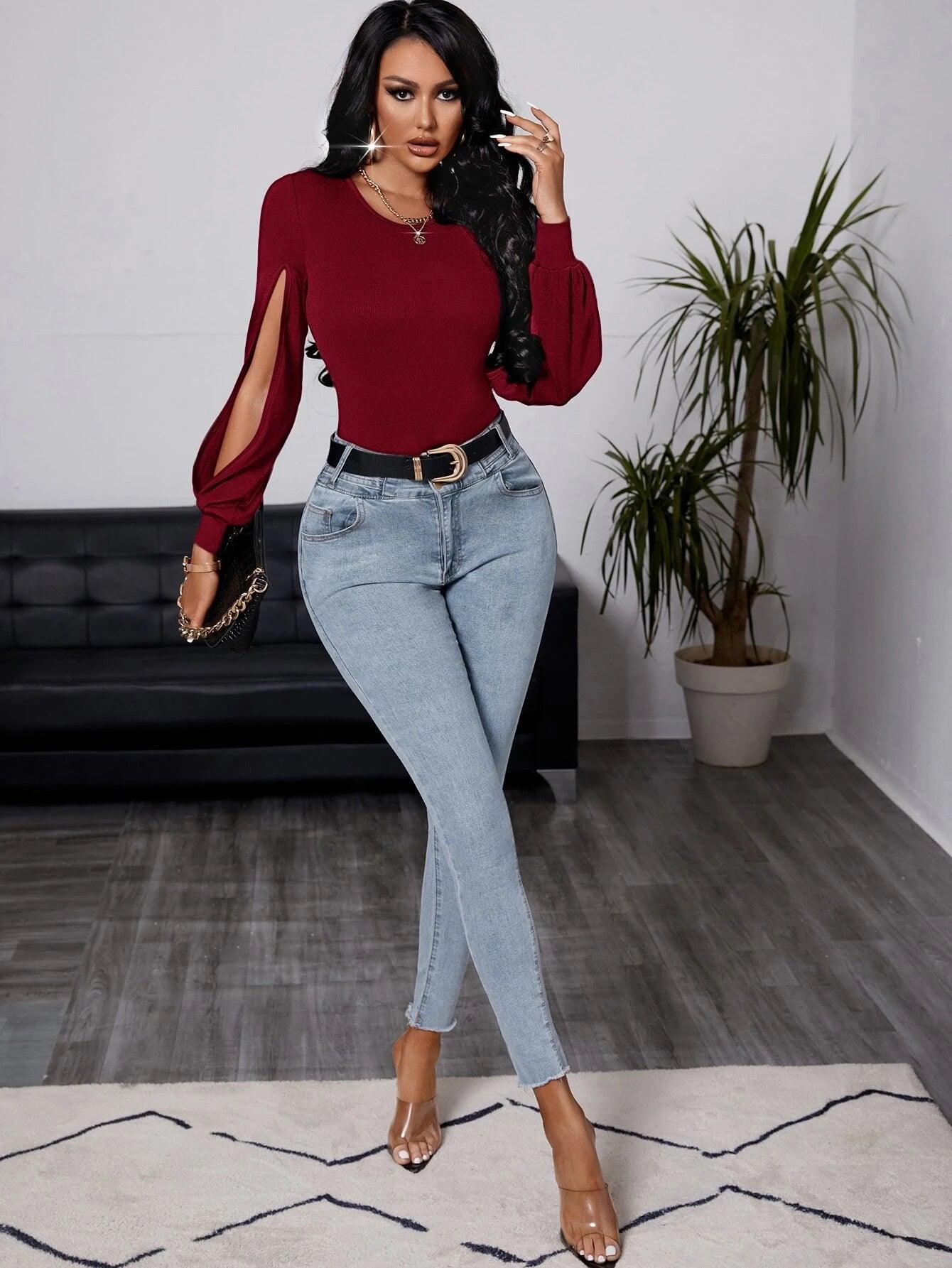 Split Lantern Sleeve Ribbed Knit Slim Fit Bodysuit-Comfy Jumpsuits