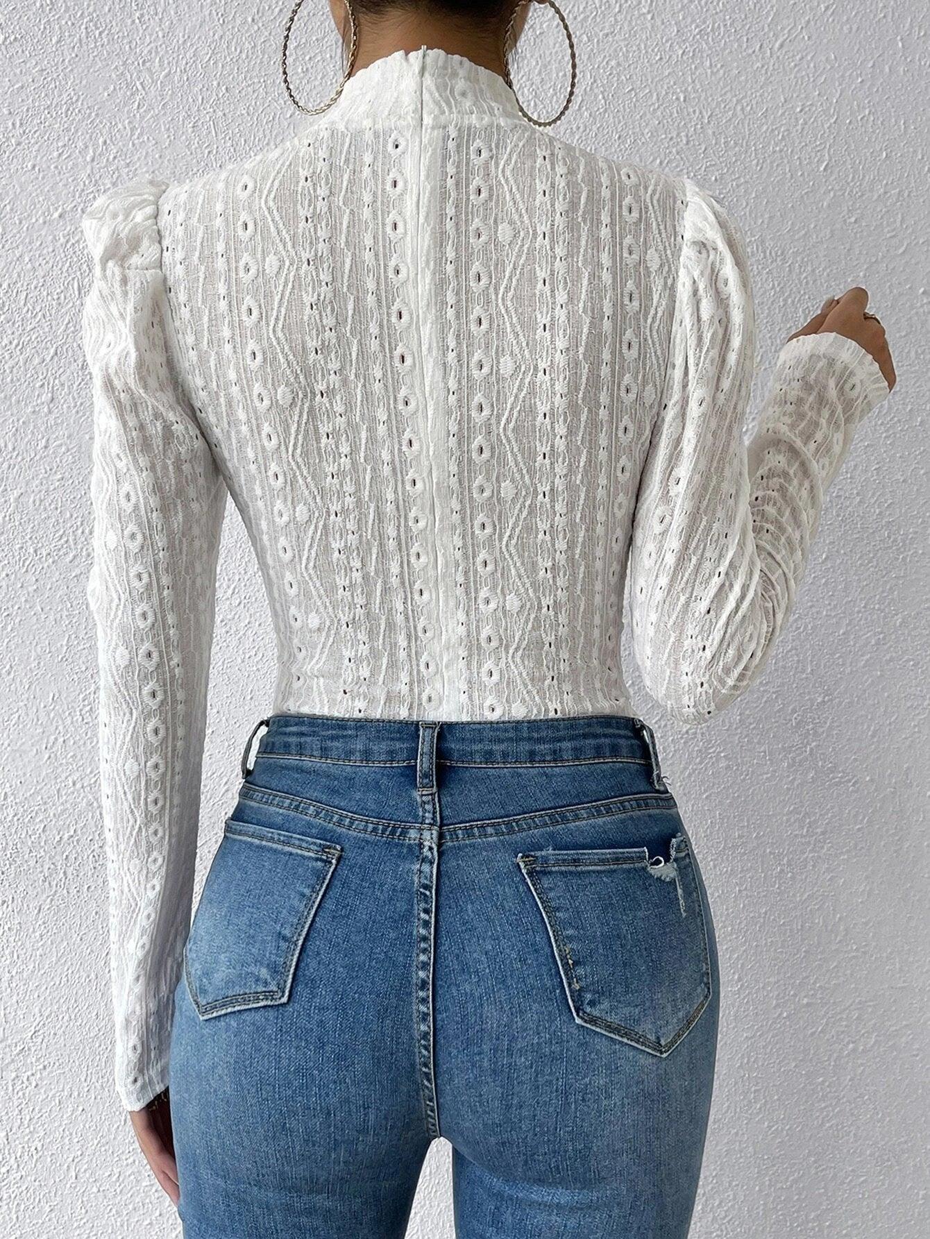 Gigot Sleeve Mock Neck Bodysuit-Comfy Jumpsuits