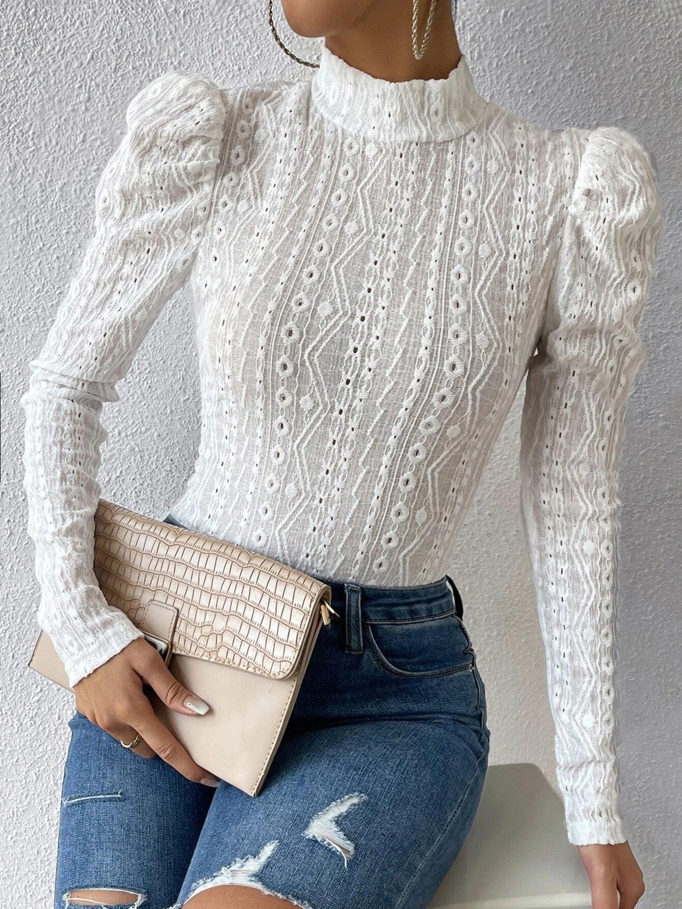 Gigot Sleeve Mock Neck Bodysuit-Comfy Jumpsuits