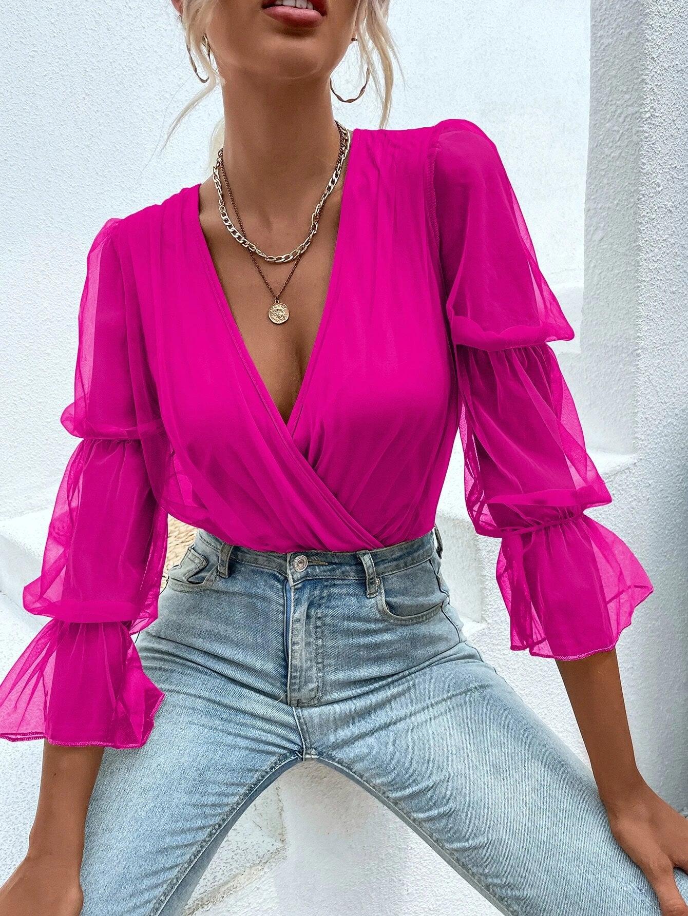 Mesh Gathered Sleeve Bodysuit-Comfy Jumpsuits