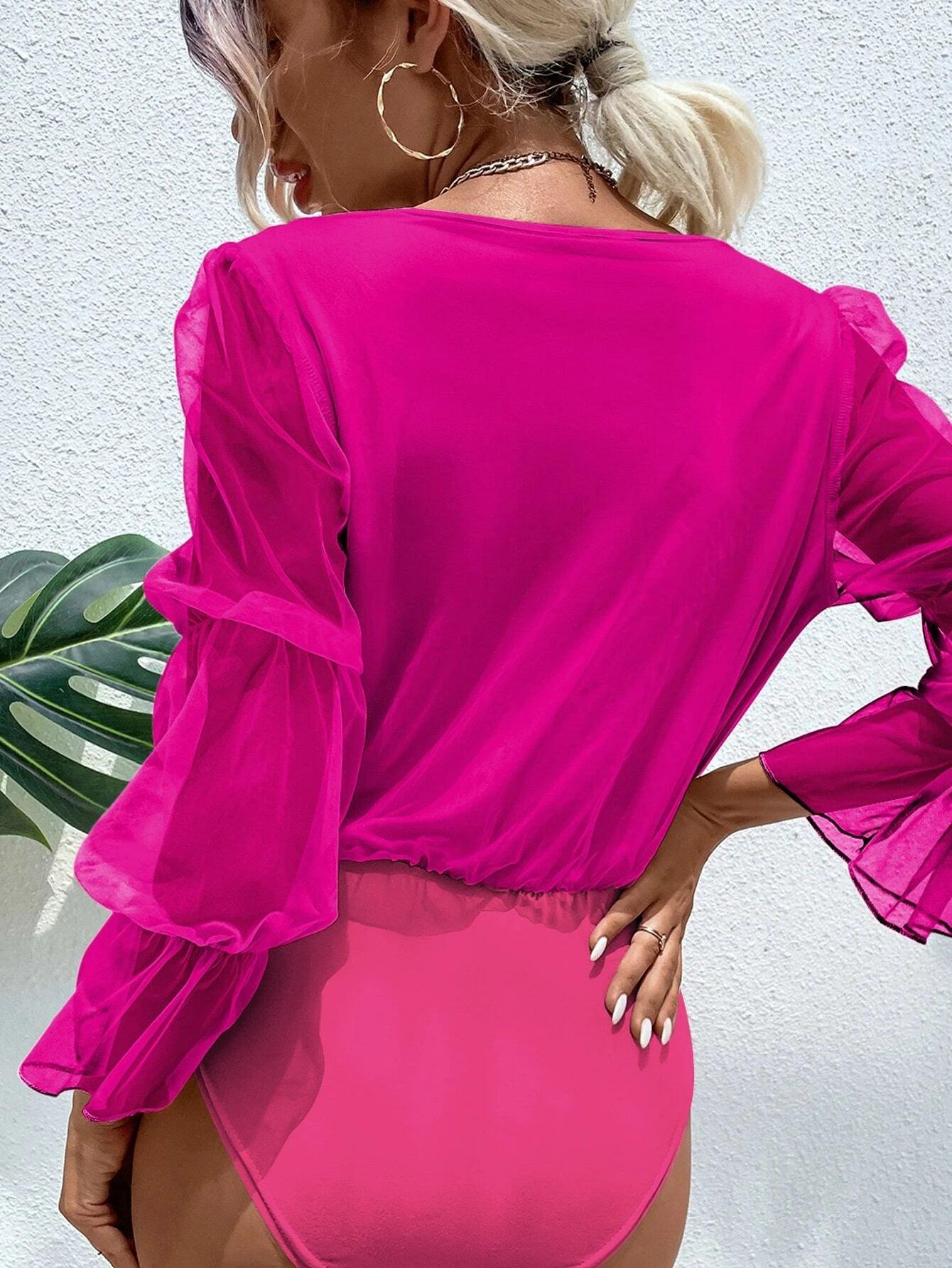 Mesh Gathered Sleeve Bodysuit-Comfy Jumpsuits