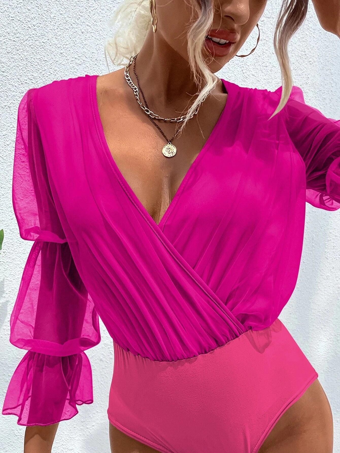 Mesh Gathered Sleeve Bodysuit-Comfy Jumpsuits