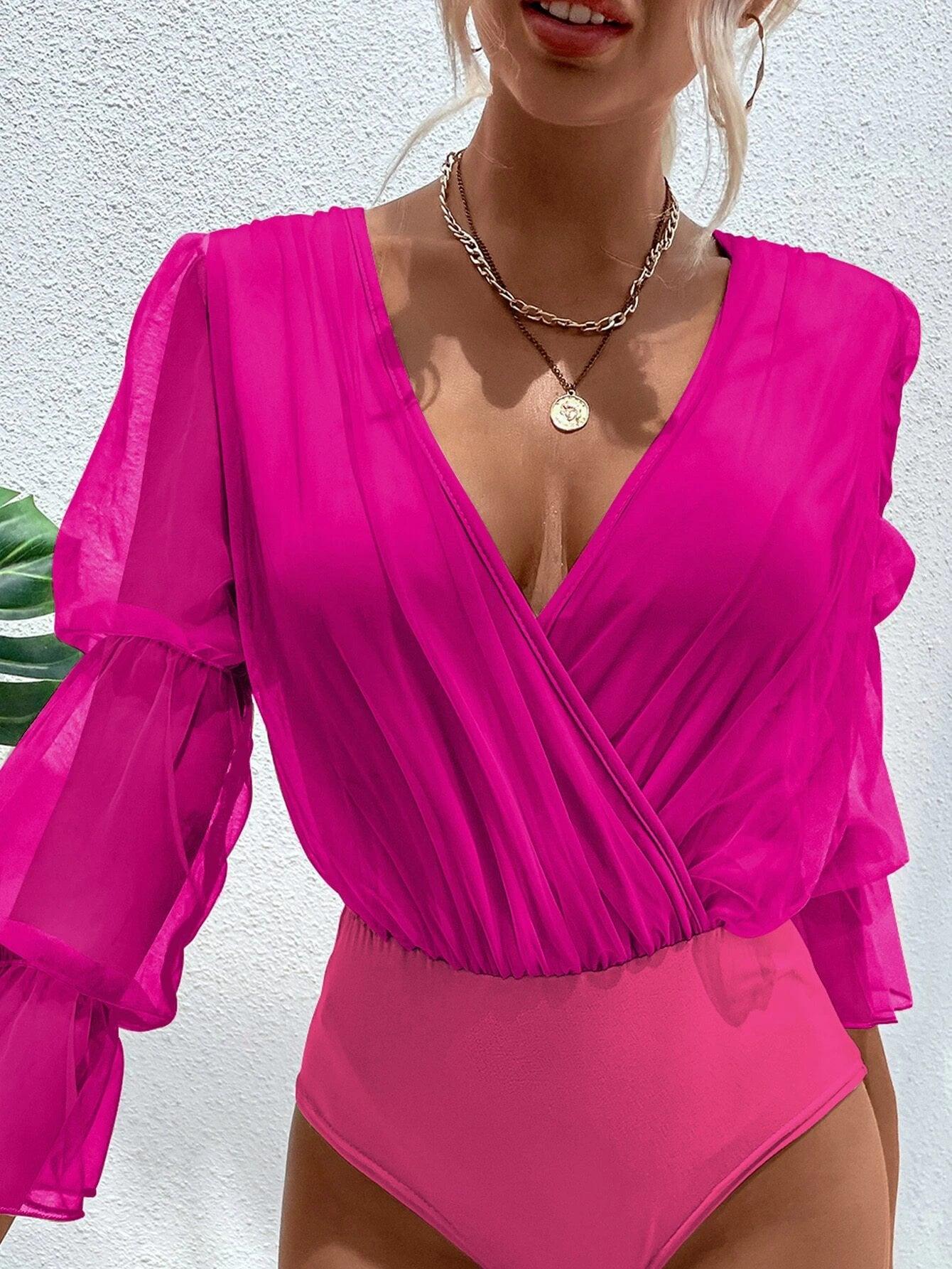 Mesh Gathered Sleeve Bodysuit-Comfy Jumpsuits