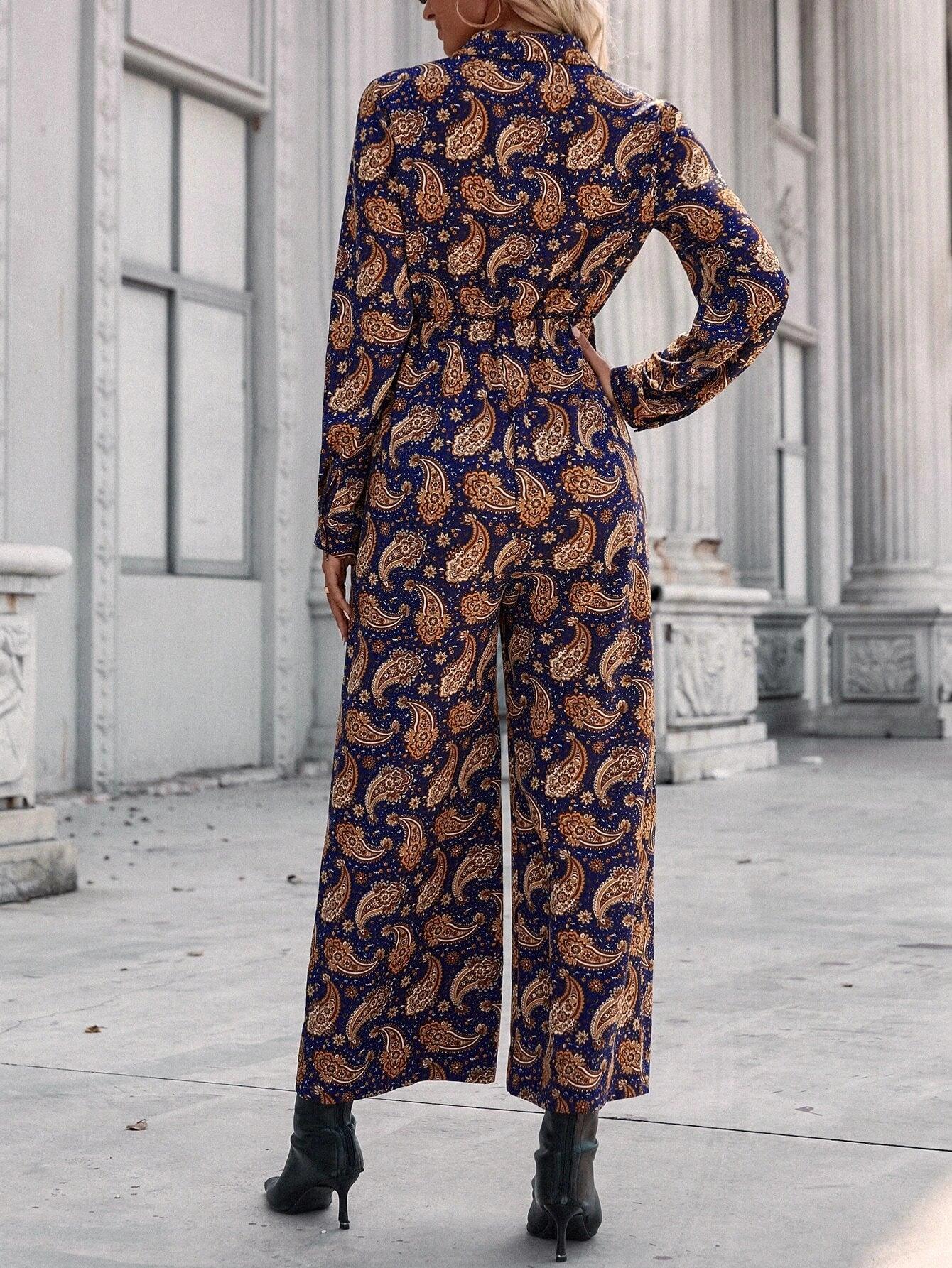 Paisley Print Wide Leg Jumpsuit Without Belt-Comfy Jumpsuits