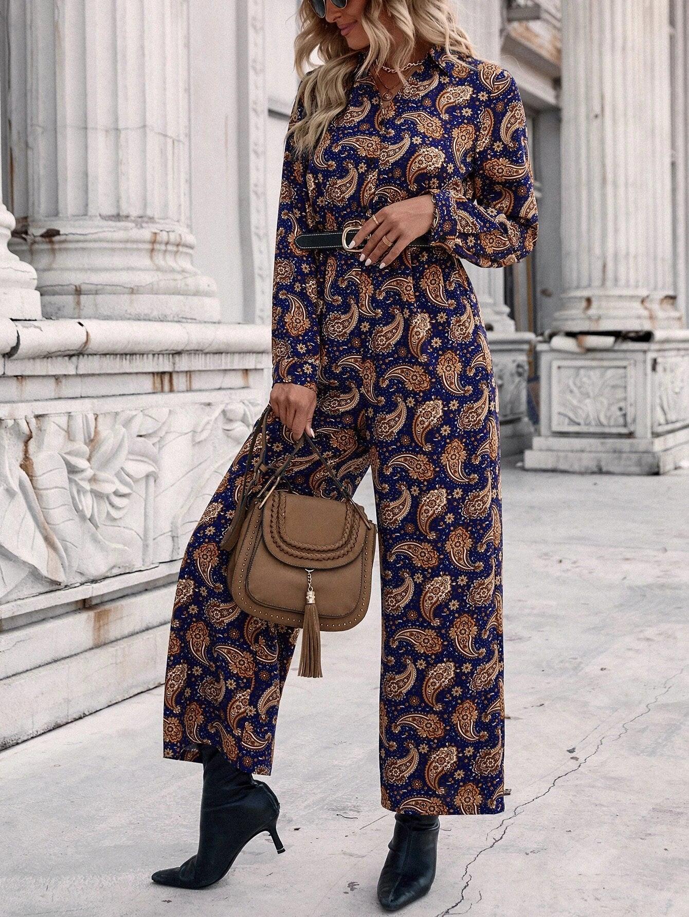 Paisley Print Wide Leg Jumpsuit Without Belt-Comfy Jumpsuits