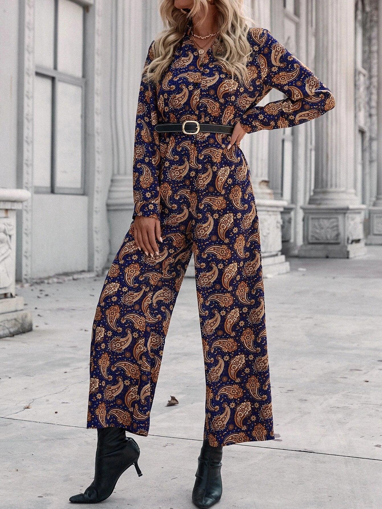 Paisley Print Wide Leg Jumpsuit Without Belt-Comfy Jumpsuits