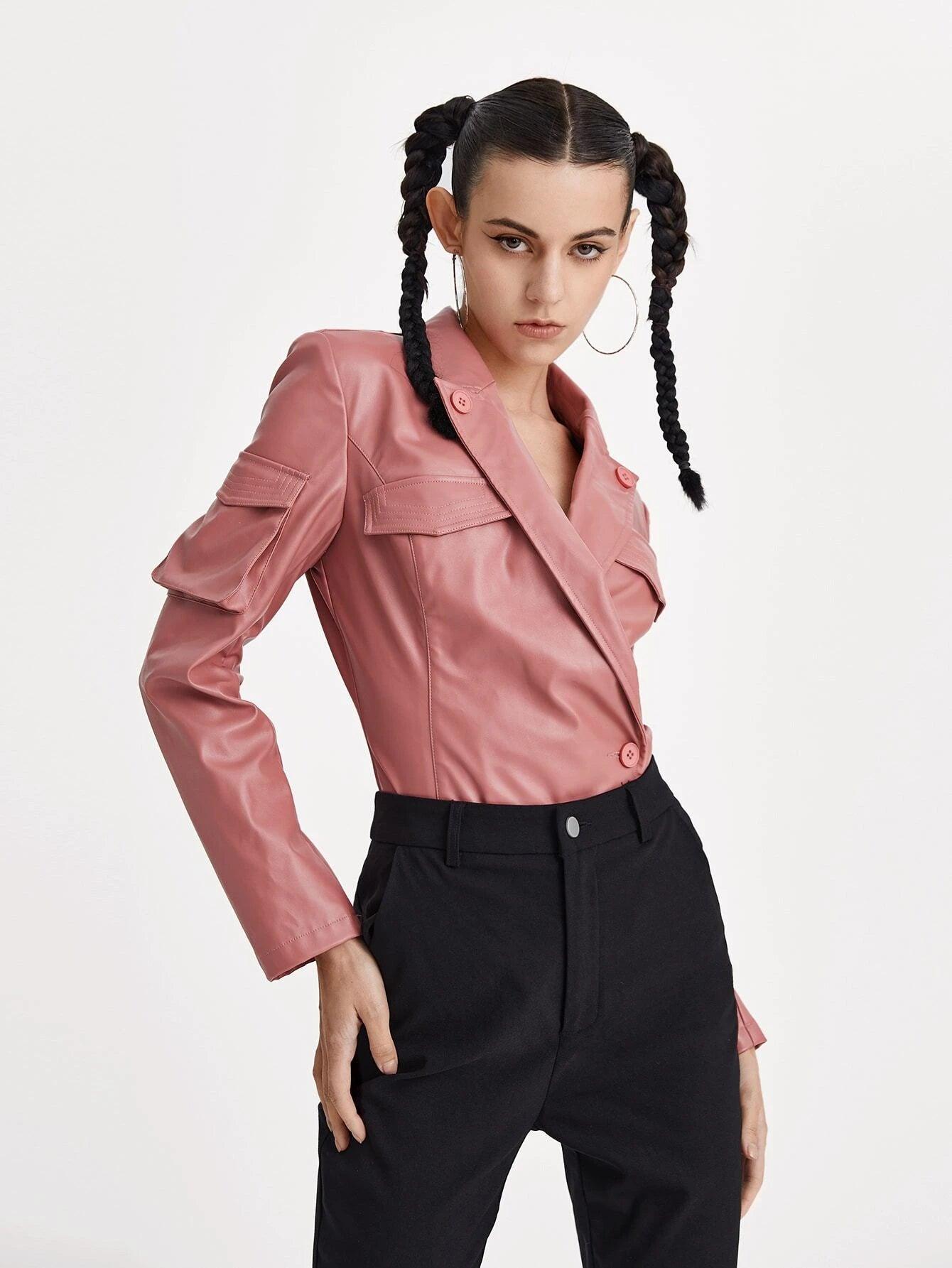 Collar Flap Detail PU Leather Bodysuit-Comfy Jumpsuits