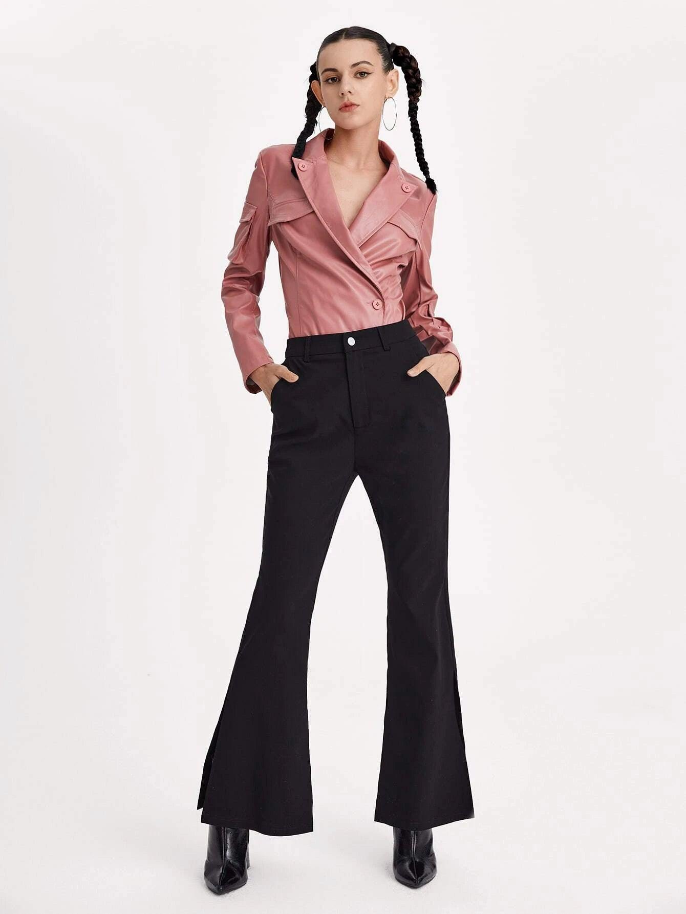 Collar Flap Detail PU Leather Bodysuit-Comfy Jumpsuits