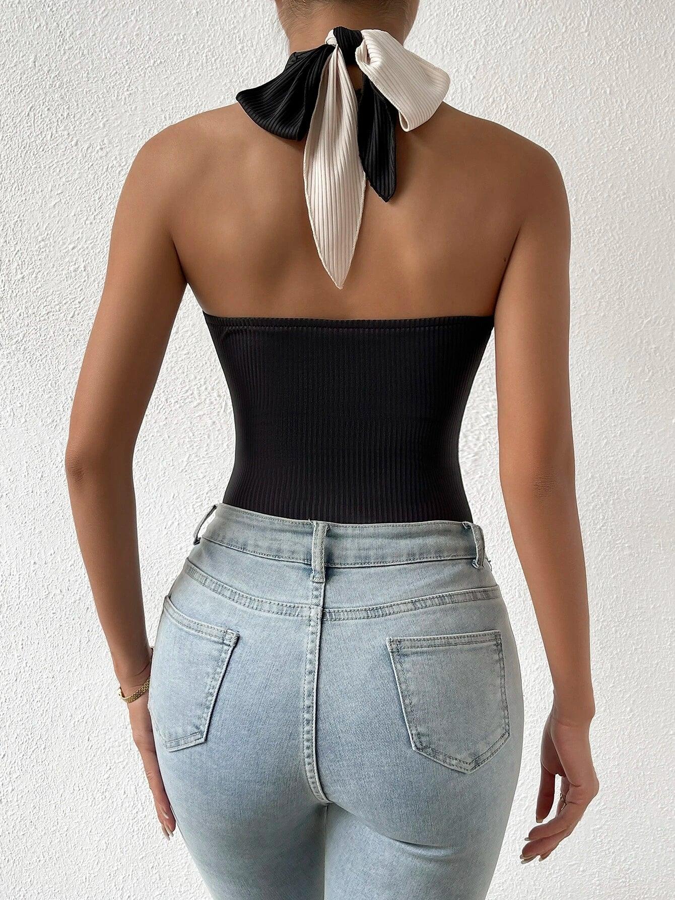 Two Tone Halter Neck Backless Bodysuit-Comfy Jumpsuits